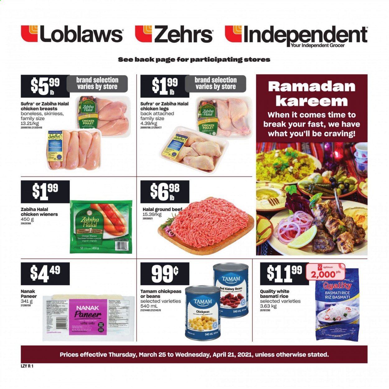 thumbnail - Loblaws Flyer - March 25, 2021 - April 21, 2021 - Sales products - beans, paneer, kidney beans, basmati rice, rice, chickpeas, chicken breasts, chicken legs, chicken, beef meat, ground beef, Optimum. Page 1.