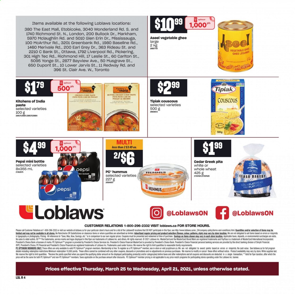 thumbnail - Loblaws Flyer - March 25, 2021 - April 21, 2021 - Sales products - pita, hummus, Président, ghee, dip, sugar, curry paste, Pepsi, Optimum. Page 4.