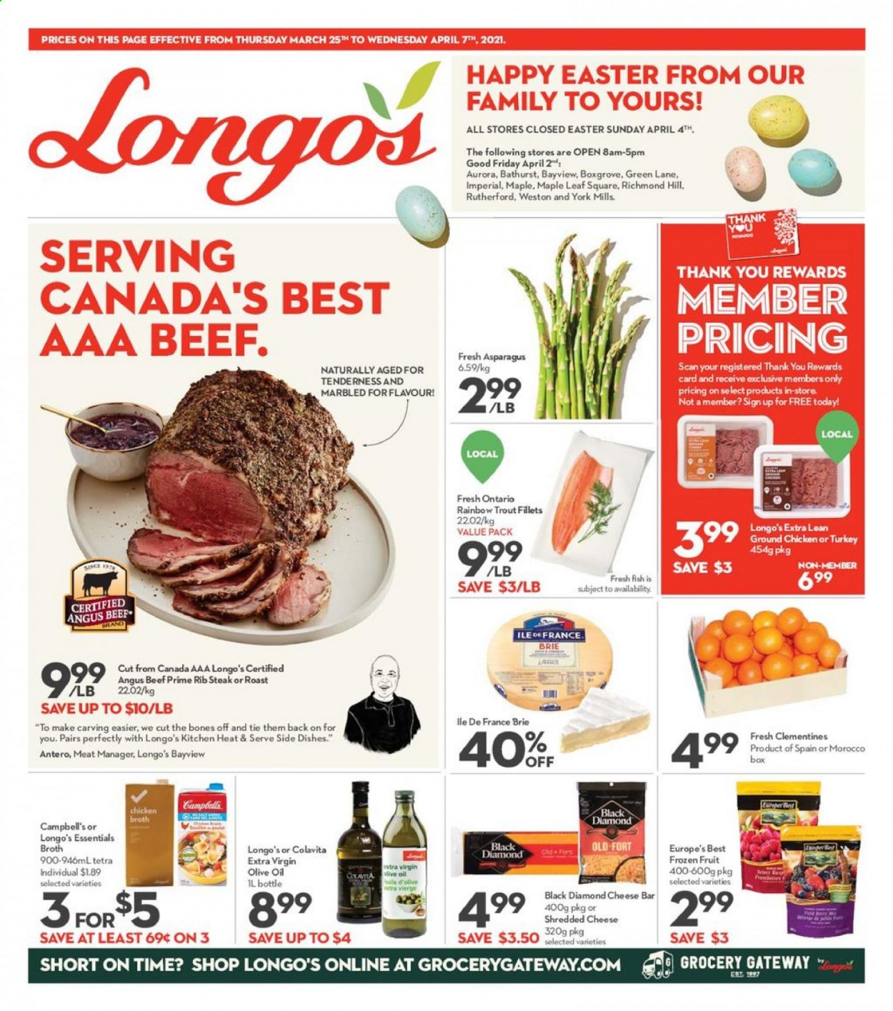 thumbnail - Longo's Flyer - March 25, 2021 - April 07, 2021 - Sales products - asparagus, clementines, trout, fish, Campbell's, shredded cheese, brie, chicken broth, broth, extra virgin olive oil, olive oil, oil, ground chicken, chicken, beef meat, XTRA, steak. Page 1.