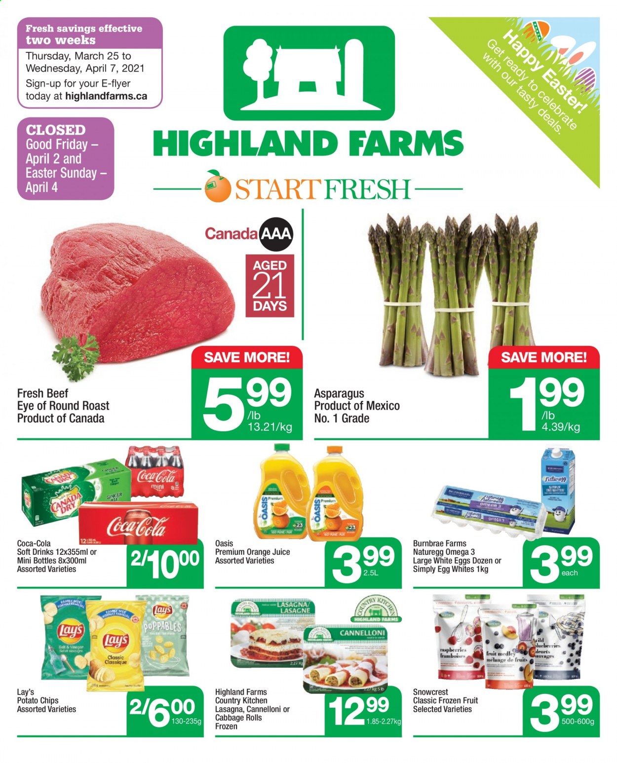thumbnail - Highland Farms Flyer - March 25, 2021 - April 07, 2021 - Sales products - asparagus, cabbage, lasagna meal, eggs, potato chips, Lay’s, Coca-Cola, orange juice, juice, soft drink, beef meat, eye of round, round roast. Page 1.