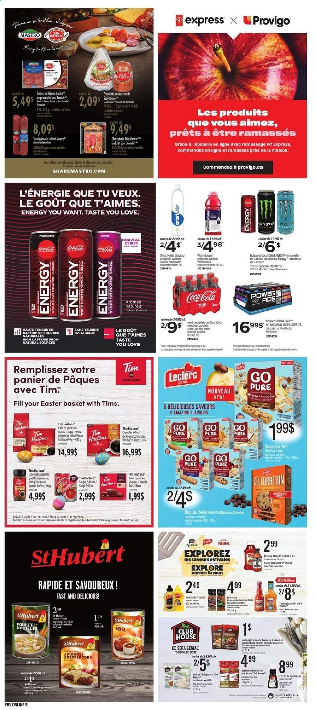 thumbnail - Provigo Flyer - March 25, 2021 - March 31, 2021 - Sales products - Ace, sauce, salami, prosciutto, cookies, Celebration, biscuit, granola bar, Coca-Cola, Powerade, Smartwater, instant coffee, coffee capsules, K-Cups, Keurig. Page 11.