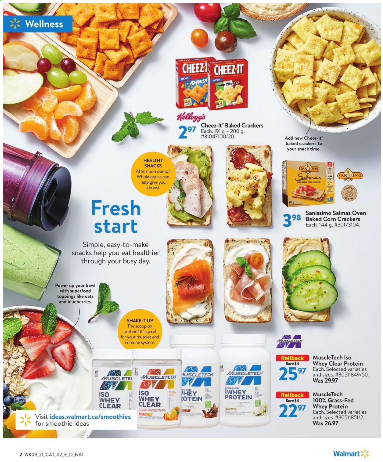 thumbnail - Walmart Flyer - March 25, 2021 - April 21, 2021 - Sales products - corn, blueberries, cheese, shake, crackers, Cheez-It, oats, Boost, bowl, whey protein. Page 2.