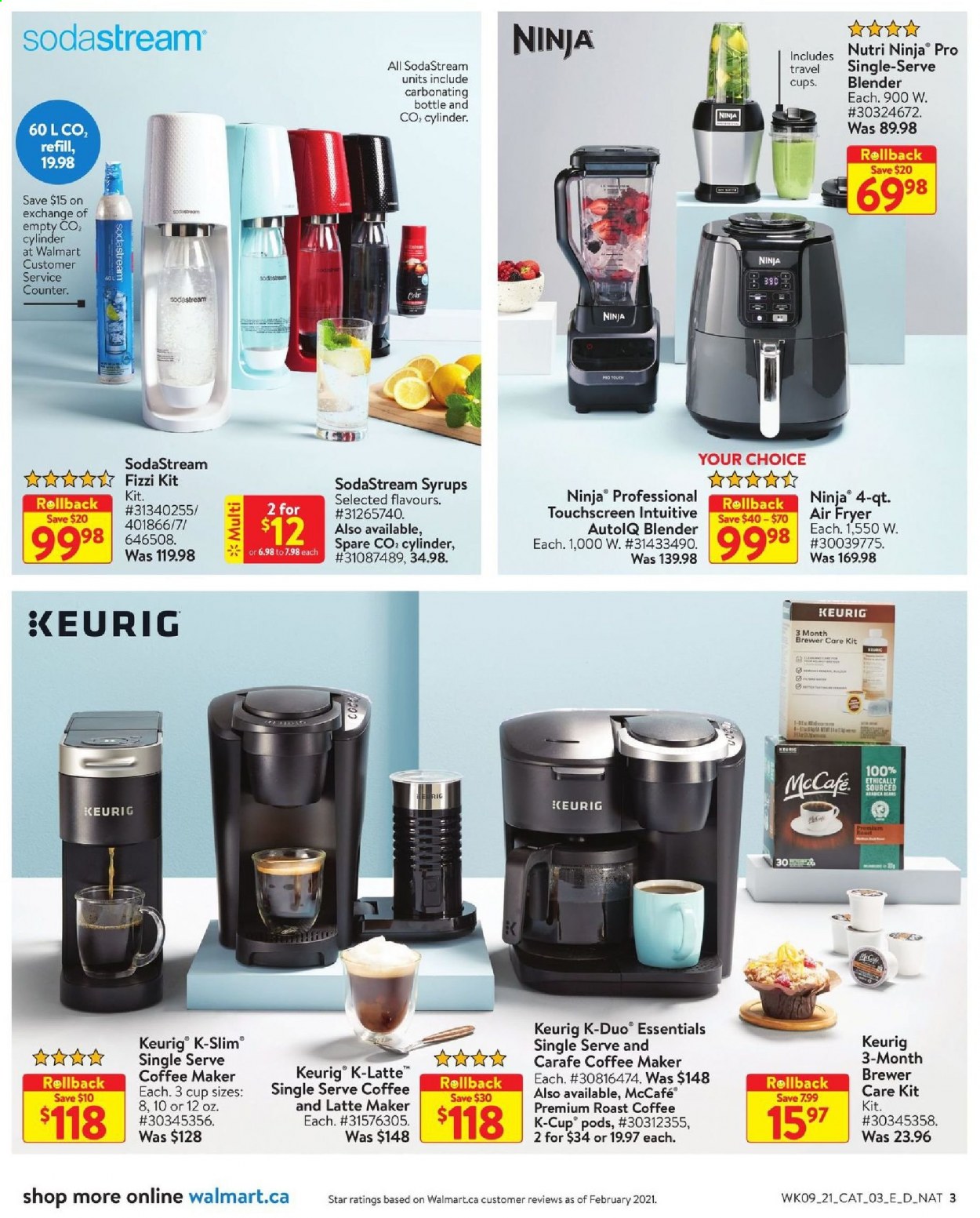 thumbnail - Walmart Flyer - March 25, 2021 - April 21, 2021 - Sales products - brewer, coffee capsules, McCafe, K-Cups, Keurig, bijzettafel, SodaStream, coffee machine, air fryer, cap. Page 3.