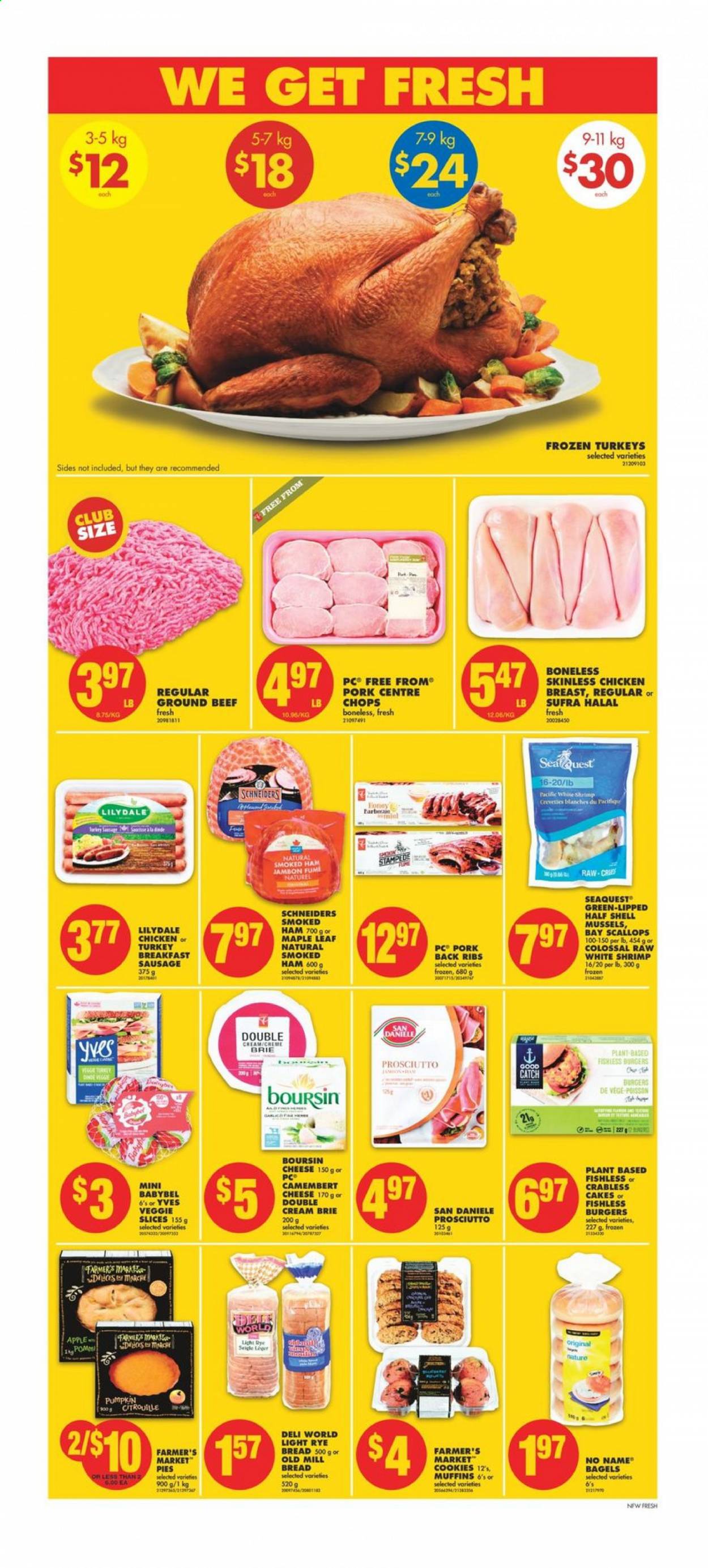 thumbnail - No Frills Flyer - March 26, 2021 - March 31, 2021 - Sales products - bagels, bread, cake, mussels, scallops, shrimps, No Name, hamburger, ham, prosciutto, smoked ham, sausage, cheese, brie, Babybel, cookies, beef meat, ground beef, pork meat, pork ribs, pork back ribs. Page 4.