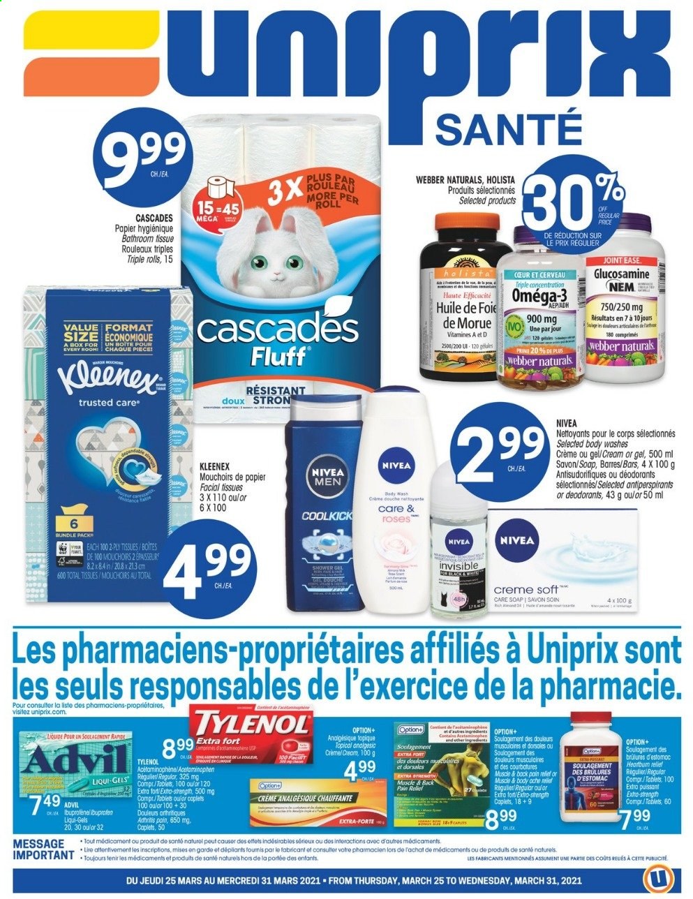 thumbnail - Uniprix Santé Flyer - March 25, 2021 - March 31, 2021 - Sales products - Mars, bath tissue, Kleenex, body wash, soap, glucosamine, Tylenol, Ibuprofen, Omega-3, Advil Rapid, Nivea, deodorant. Page 1.