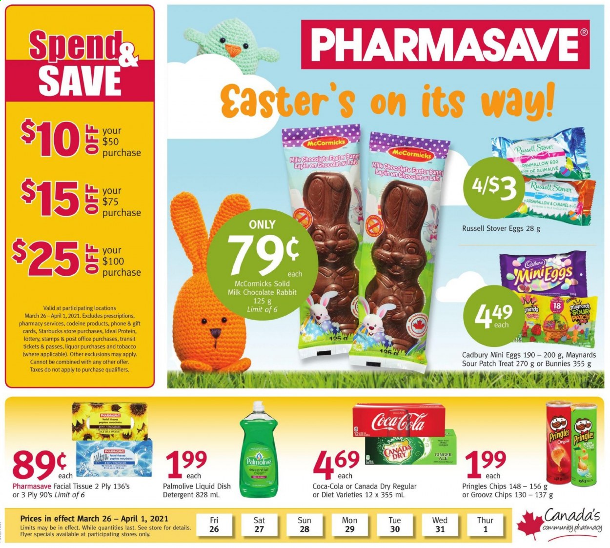 thumbnail - Pharmasave Flyer - March 26, 2021 - April 01, 2021 - Sales products - sour cream, milk chocolate, rabbit, chocolate, Cadbury, Sour Patch, chocolate rabbit, Pringles, caramel, Canada Dry, Coca-Cola, ginger ale, Starbucks, liquor, tissues, Palmolive, facial tissues, chips. Page 1.