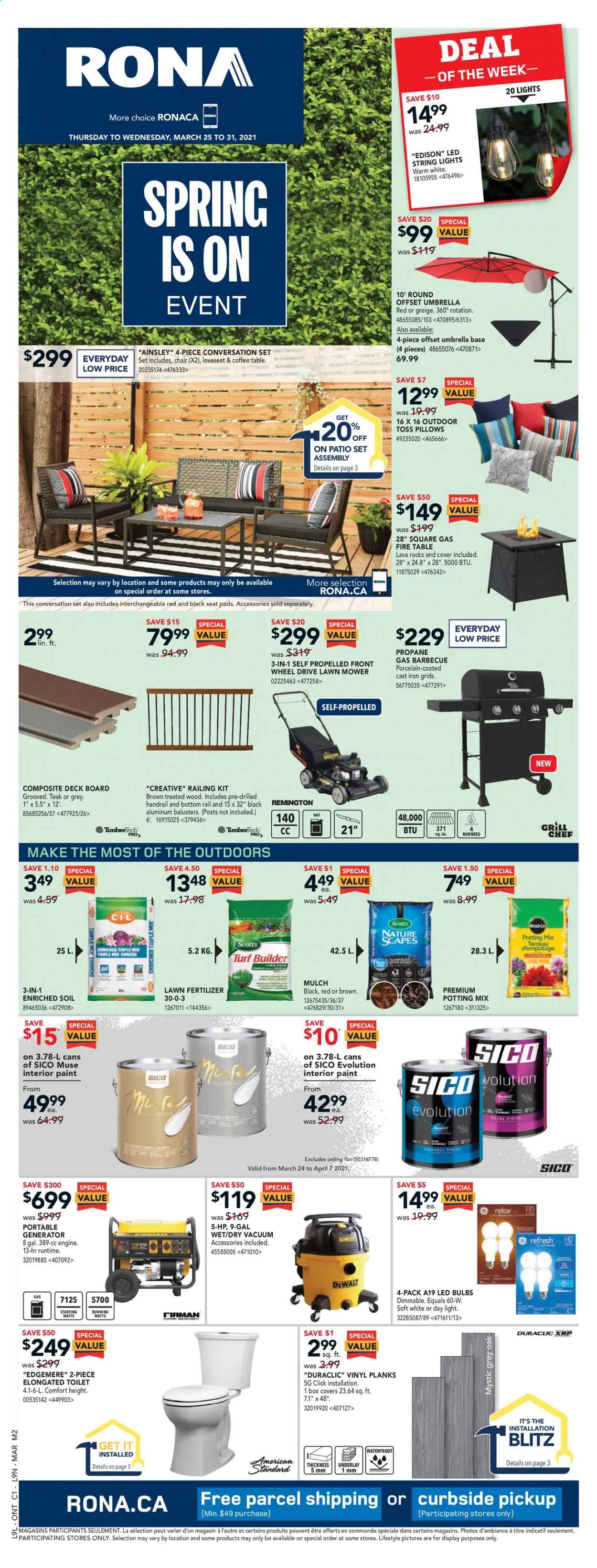 thumbnail - RONA Flyer - March 25, 2021 - March 31, 2021 - Sales products - vacuum cleaner, table, chair, loveseat, coffee table, toilet, paint, string lights, vinyl, DeWALT, lawn mower, generator, umbrella, grill, potting mix, fertilizer, turf builder, garden mulch, Remington, LED bulb, pillow, chair pad. Page 1.
