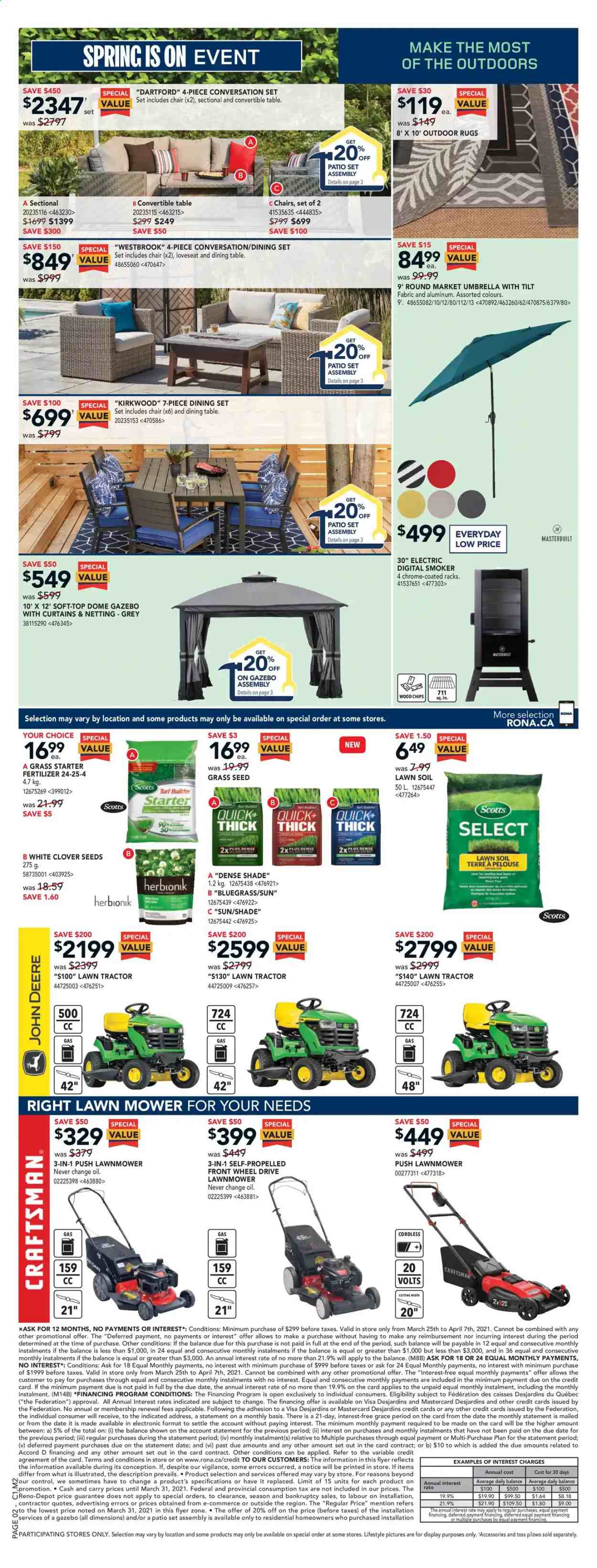 thumbnail - RONA Flyer - March 25, 2021 - March 31, 2021 - Sales products - dining set, dining table, table, chair, loveseat, John Deere, rug, Craftsman, tractor, lawn mower, gazebo, umbrella, Masterbuilt, smoker, plant seeds, fertilizer, grass seed. Page 2.