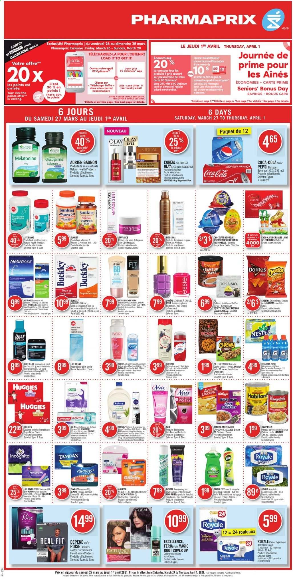 thumbnail - Pharmaprix Flyer - March 27, 2021 - April 01, 2021 - Sales products - Campbell's, Quaker, chocolate, snack, Mars, Kellogg's, biscuit, snack bar, Doritos, Cheetos, cereals, Raisin Bran, spice, syrup, Coca-Cola, Pepsi, coffee pods, ground coffee, nappies, bath tissue, Palmolive, soap, toothpaste, Kotex, tampons, facial tissues, L’Oréal, moisturizer, Olay, hair color, John Frieda, anti-perspirant, Schick, Venus, hair removal, nail enamel, glucosamine, vitamin c, nasal spray, Gillette, mascara, Maybelline, shampoo, Tampax, Huggies, Nivea, Old Spice, chips, deodorant. Page 1.