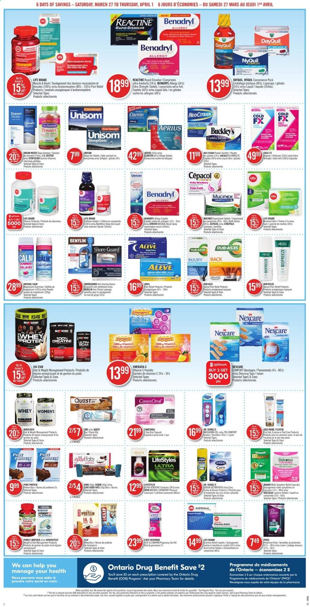 thumbnail - Shoppers Drug Mart Flyer - March 27, 2021 - April 01, 2021 - Sales products - Mars, pastilles, corn, protein bar, dressing, lubricant, foot care, pain relief, Aleve, DayQuil, Dulcolax, magnesium, Mucinex, nicotine therapy, Unisom, Vitafusion, vitamin c, NyQuil, Advil Rapid, Emergen-C, Strepsils, laxative, Benylin, nasal spray, Dr. Scholl's. Page 2.