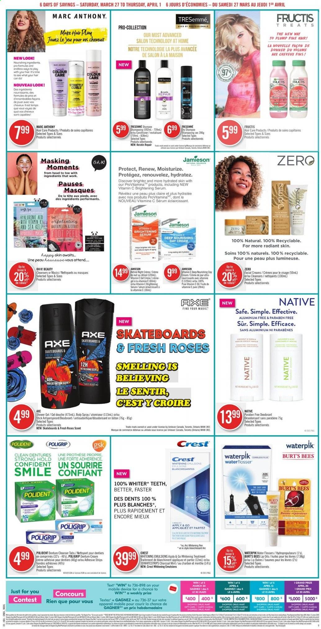 thumbnail - Shoppers Drug Mart Flyer - March 27, 2021 - April 01, 2021 - Sales products - Mars, Lay’s, shower gel, denture cream, Polident, Crest, brightening serum, cleanser, day cream, serum, conditioner, TRESemmé, keratin, Fructis, body spray, anti-perspirant, vitamin c, shampoo, panties, deodorant. Page 9.