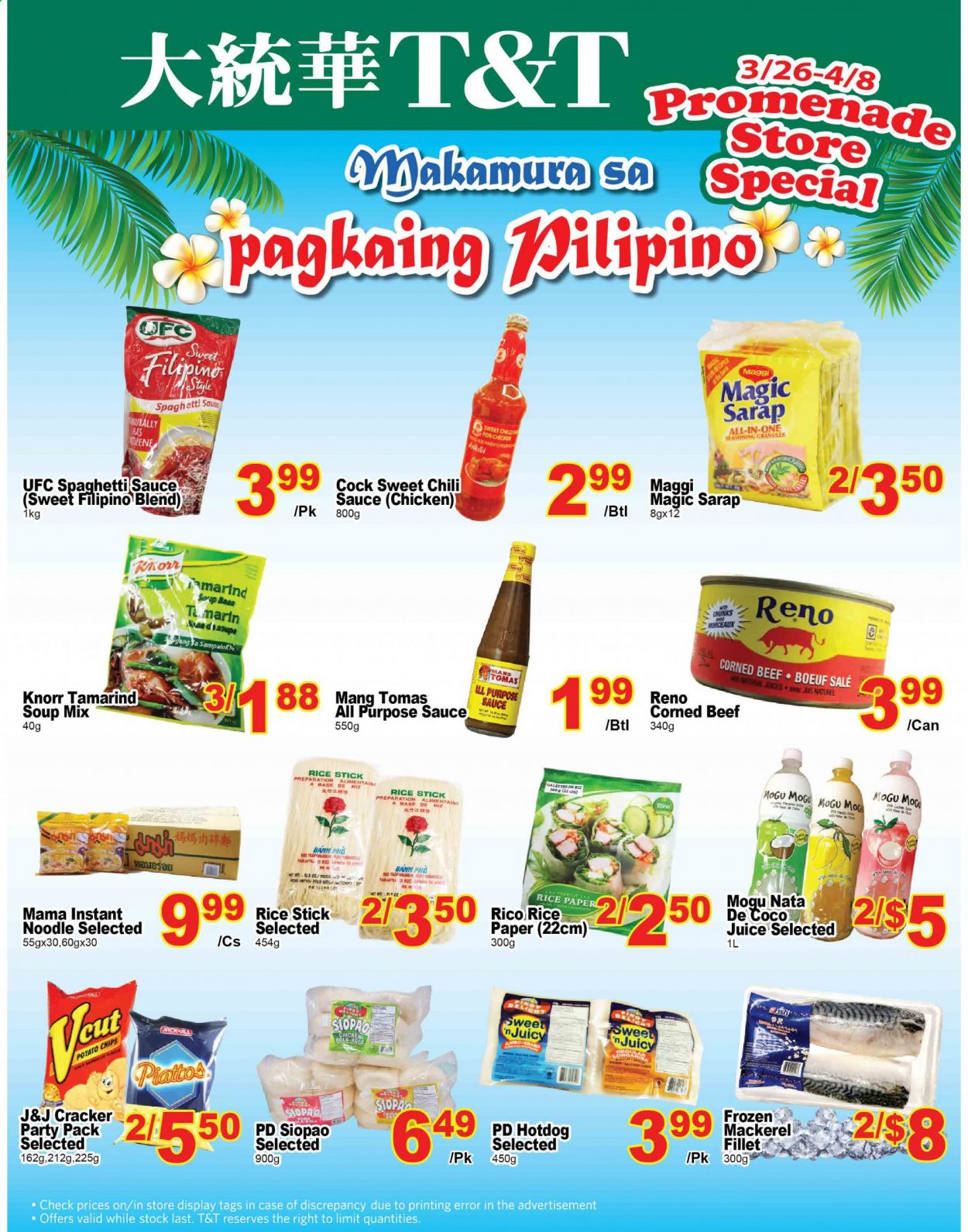 thumbnail - T&T Supermarket Flyer - March 26, 2021 - April 08, 2021 - Sales products - hot dog rolls, mackerel, spaghetti, hot dog, soup mix, soup, sauce, noodles, spaghetti sauce, corned beef, crackers, potato chips, Maggi, tamarind, spice, chilli sauce, juice, beef meat, paper, Knorr. Page 1.