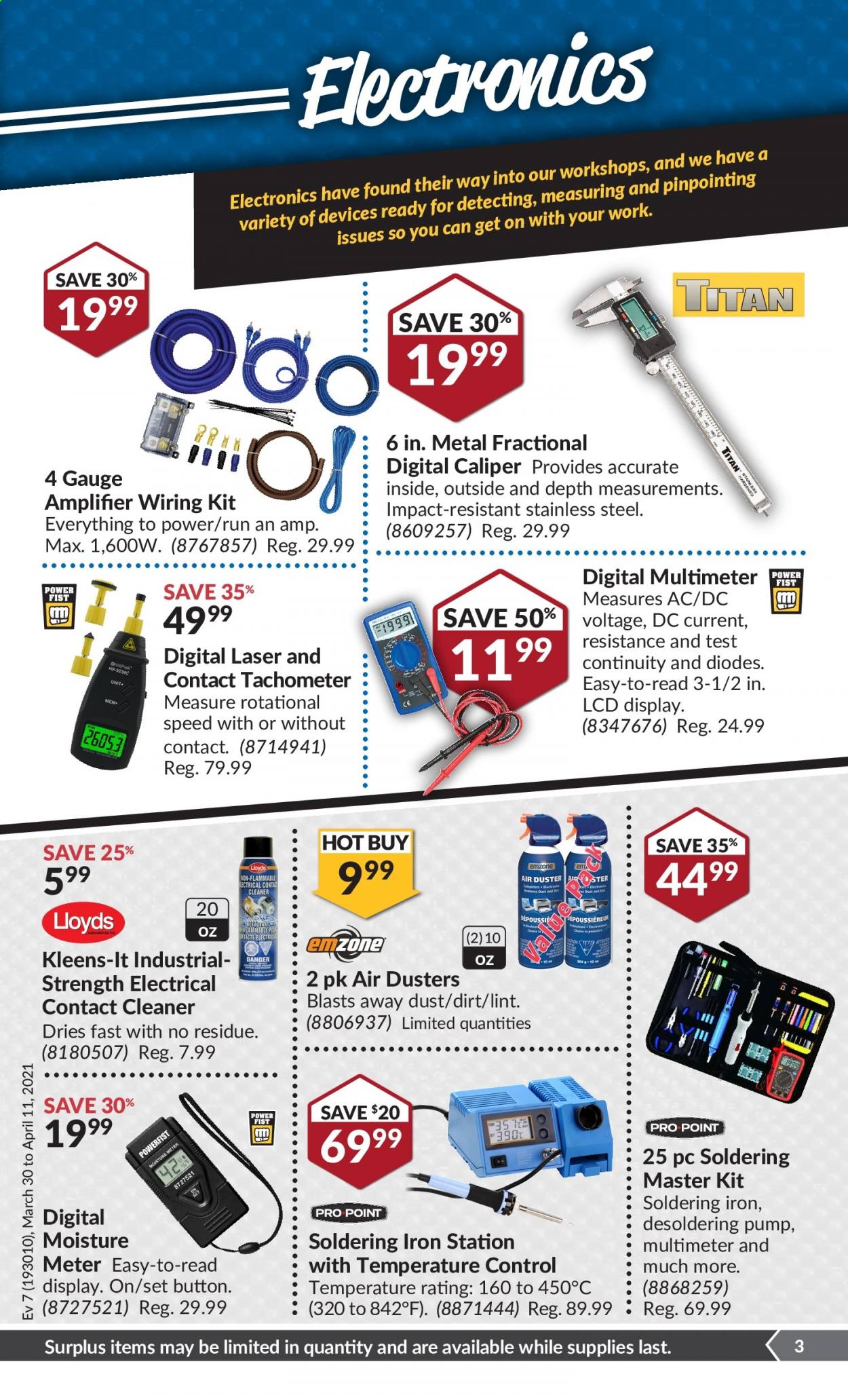 thumbnail - Princess Auto Flyer - March 30, 2021 - April 11, 2021 - Sales products - soldering iron, digital multimeter, amplifier, wiring kit, cleaner, pump. Page 4.