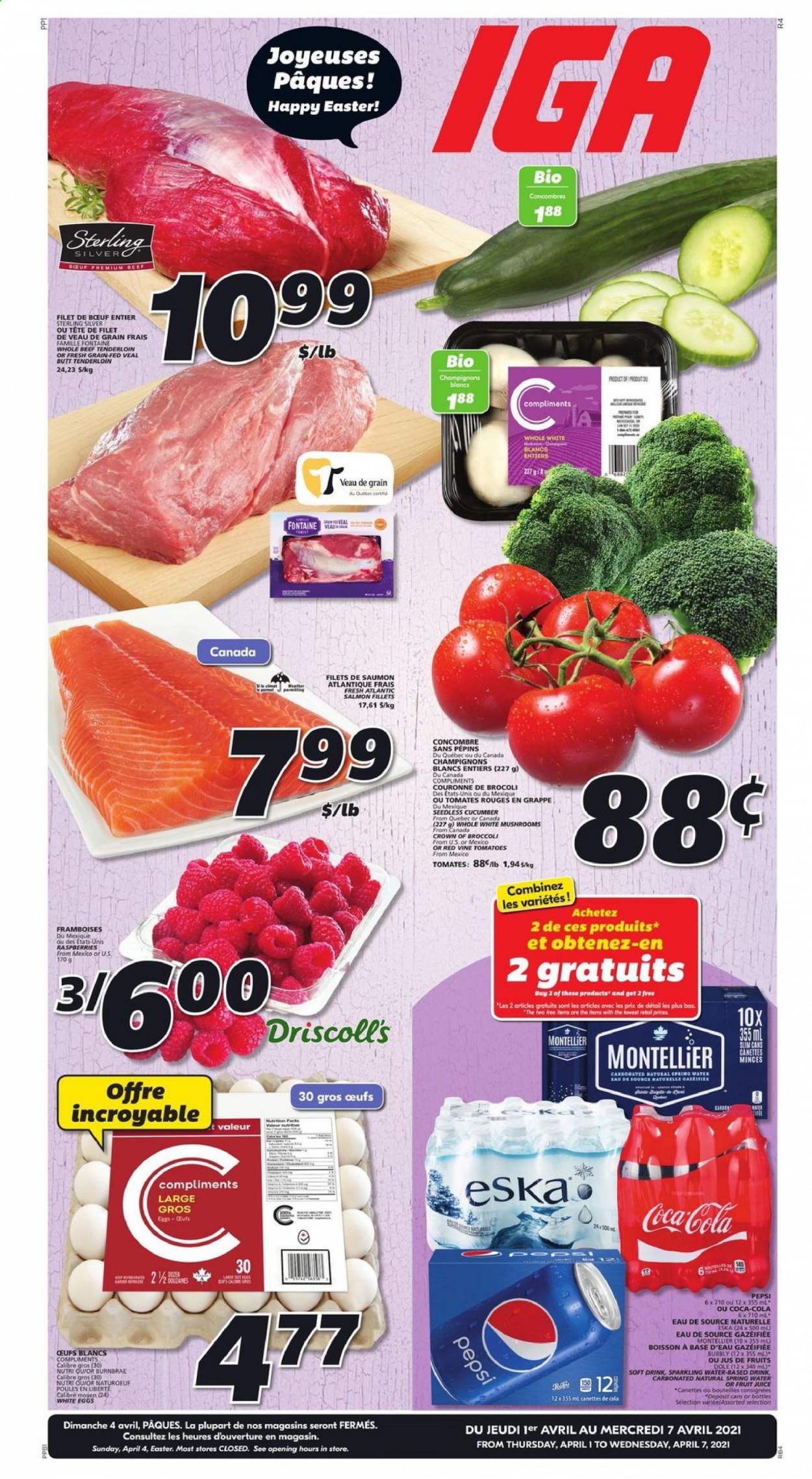 thumbnail - IGA Flyer - April 01, 2021 - April 07, 2021 - Sales products - mushrooms, broccoli, Dole, salmon, salmon fillet, eggs, Coca-Cola, Pepsi, juice, fruit juice, soft drink, spring water, sparkling water, beef meat, beef tenderloin. Page 1.