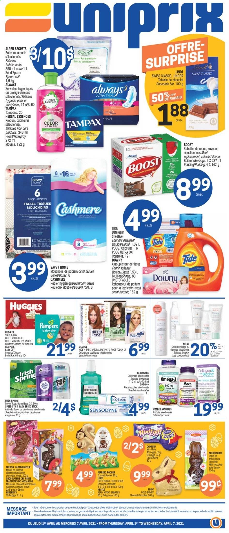 thumbnail - Uniprix Flyer - April 01, 2021 - April 07, 2021 - Sales products - milk chocolate, KitKat, Hershey's, Cadbury, chocolate bar, pudding, Boost, nappies, bath tissue, Tide, Unstopables, fabric softener, laundry detergent, bath salt, soap, mouthwash, pantyliners, tampons, facial tissues, Root Touch-Up, Clairol, Herbal Essences, Speed Stick, Omega-3, Nestlé, Tampax, Huggies, Pampers, Sensodyne, deodorant. Page 1.