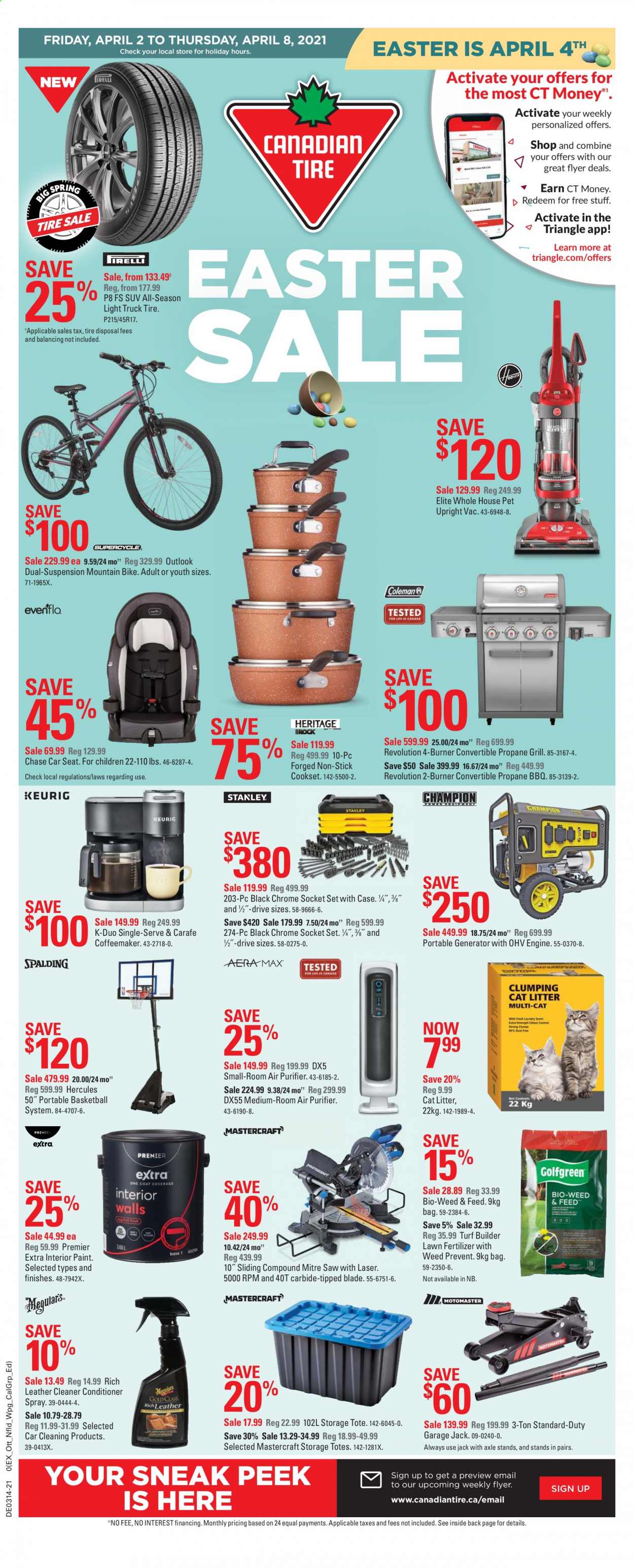 thumbnail - Canadian Tire Flyer - April 02, 2021 - April 08, 2021 - Sales products - leather cleaner, cleaner, bijzettafel, cat litter, air purifier, portable basketball system, basketball, mountain bike, baby car seat, socket, saw, socket set, generator, storage tote, grill, fertilizer, turf builder, car cleaning products. Page 1.