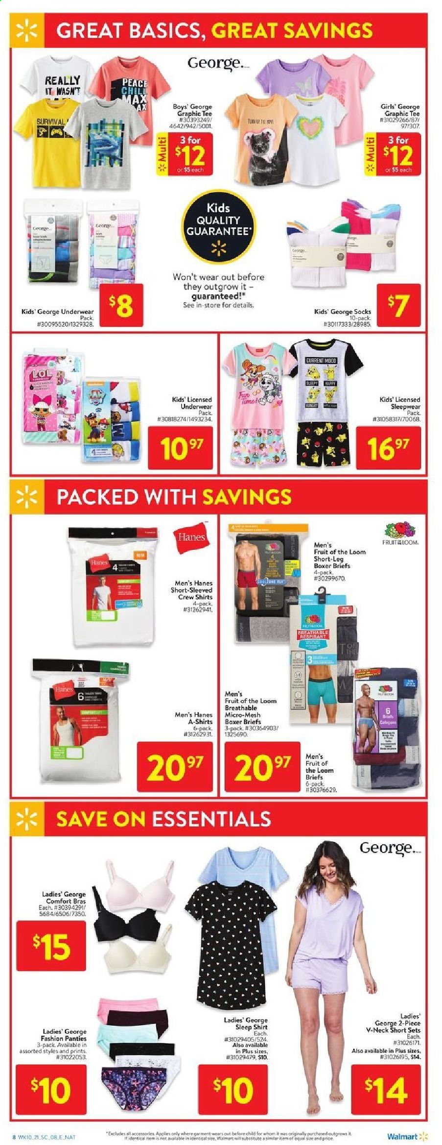 thumbnail - Walmart Flyer - April 01, 2021 - April 07, 2021 - Sales products - socks, bra, underwear, briefs, shirt, sleepwear, panties. Page 12.