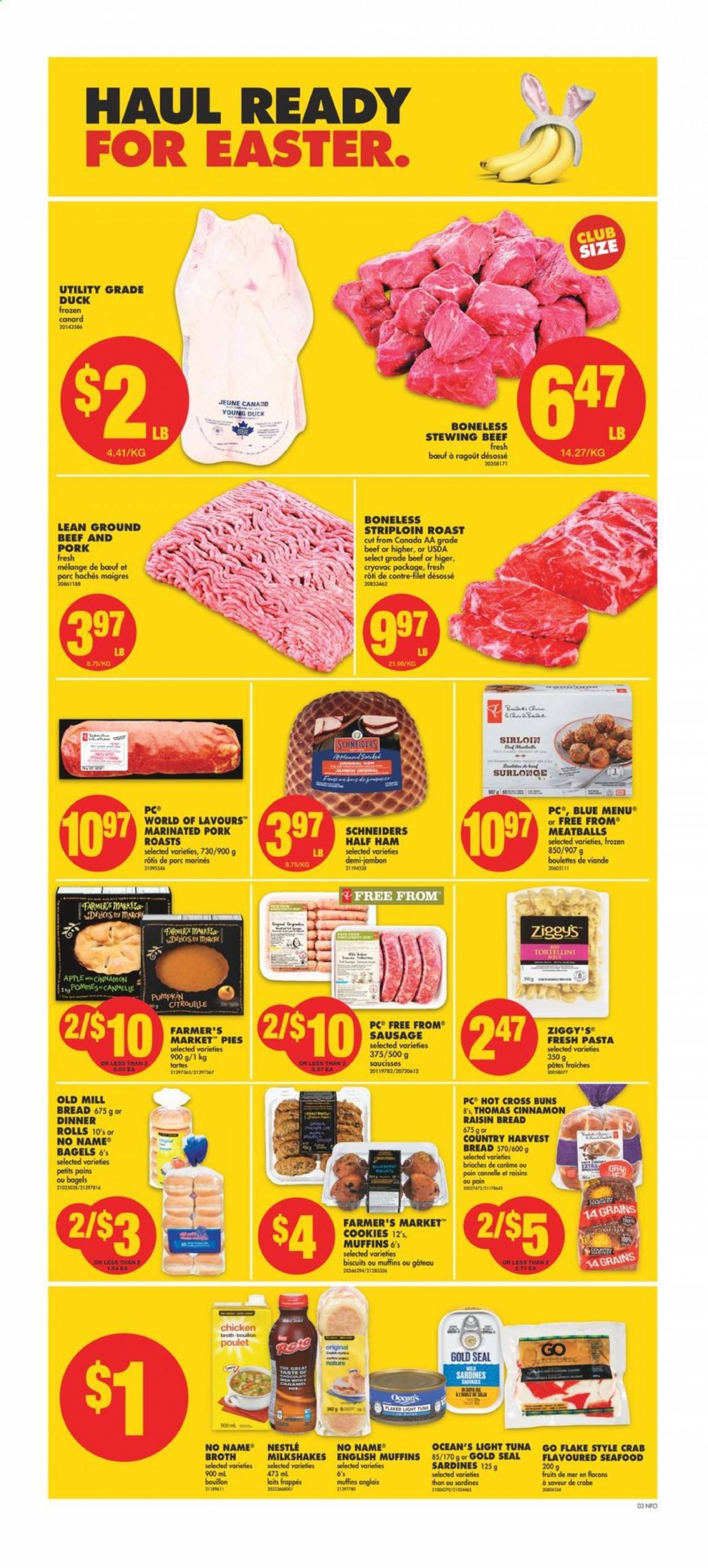 thumbnail - No Frills Flyer - April 01, 2021 - April 07, 2021 - Sales products - bagels, bread, english muffins, dinner rolls, buns, pumpkin, sardines, tuna, seafood, crab, No Name, meatballs, tortellini, half ham, ham, sausage, Country Harvest, cookies, biscuit, bouillon, chicken broth, broth, light tuna, dried fruit, beef meat, ground beef, stewing beef, pork meat, marinated pork, Nestlé, raisins. Page 4.