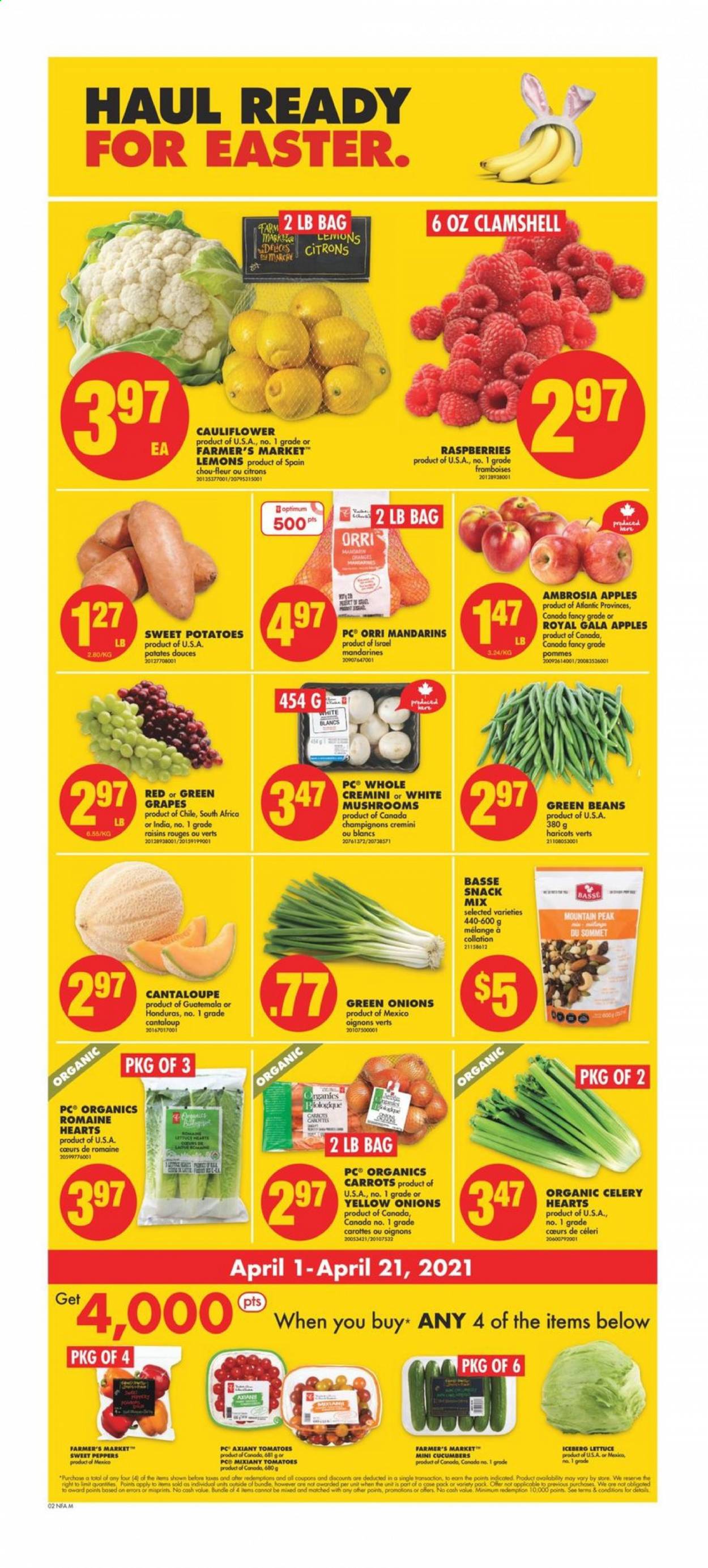 thumbnail - No Frills Flyer - April 01, 2021 - April 07, 2021 - Sales products - mushrooms, beans, cantaloupe, carrots, cauliflower, celery, cucumber, green beans, sweet peppers, sweet potato, tomatoes, potatoes, lettuce, peppers, green onion, sleeved celery, apples, Gala, grapes, mandarines, lemons, snack, dried fruit, raisins. Page 3.
