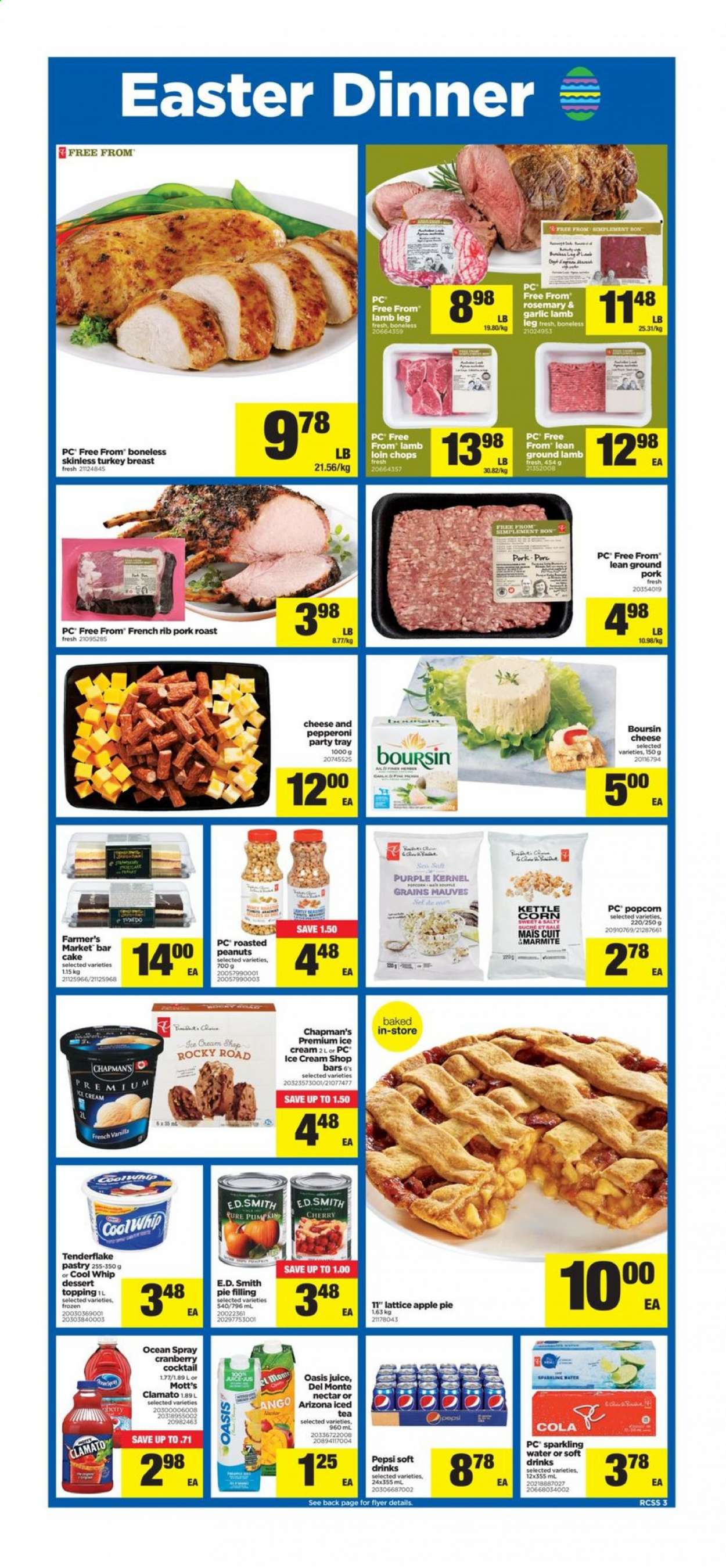thumbnail - Real Canadian Superstore Flyer - April 01, 2021 - April 07, 2021 - Sales products - Apple, cake, apple pie, pumpkin, Mott's, cheese, Cool Whip, ice cream, kettle corn, pie filling, topping, rosemary, peanuts, Pepsi, juice, ice tea, Clamato, soft drink, AriZona, sparkling water, L'Or, sherry, turkey breast, turkey, ground lamb, ground pork, pork meat, pork roast, lamb loin, lamb meat, lamb leg. Page 3.