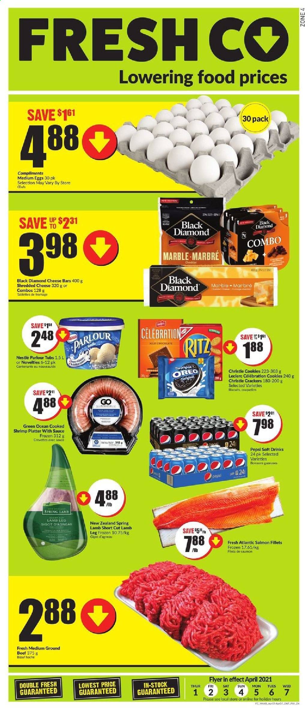thumbnail - FreshCo. Flyer - April 01, 2021 - April 07, 2021 - Sales products - salmon, salmon fillet, shrimps, shredded cheese, cheddar, Oreo, milk, eggs, cookies, Celebration, crackers, biscuit, RITZ, Pepsi, soft drink, beef meat, ground beef, lamb meat, lamb leg, Nestlé. Page 1.
