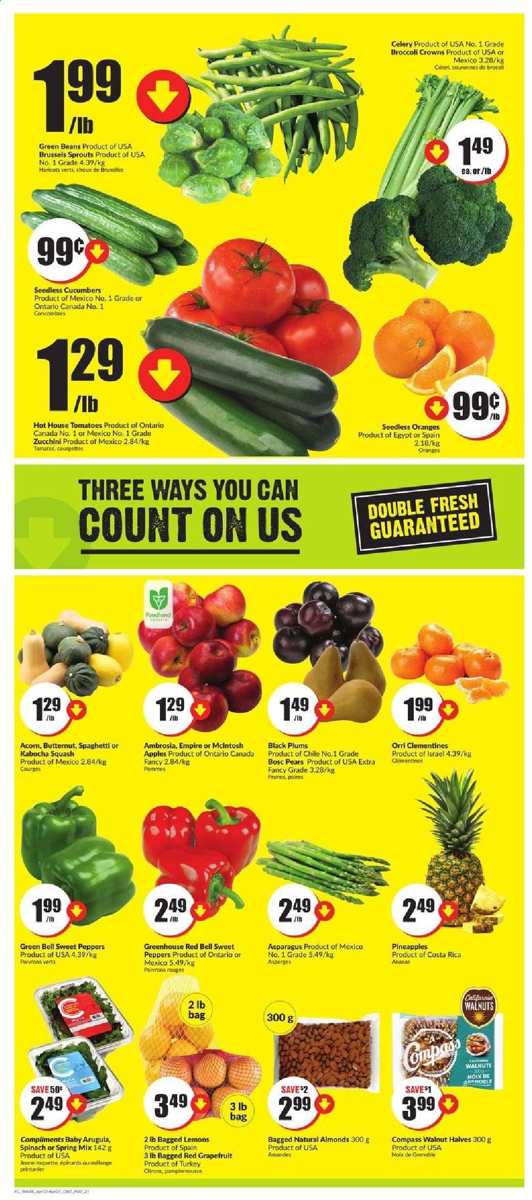 thumbnail - FreshCo. Flyer - April 01, 2021 - April 07, 2021 - Sales products - asparagus, beans, butternut squash, celery, cucumber, green beans, sweet peppers, tomatoes, zucchini, pumpkin, peppers, brussel sprouts, clementines, grapefruits, pineapple, plums, pears, lemons, black plums, spaghetti, almonds, walnuts, prunes, dried fruit. Page 2.