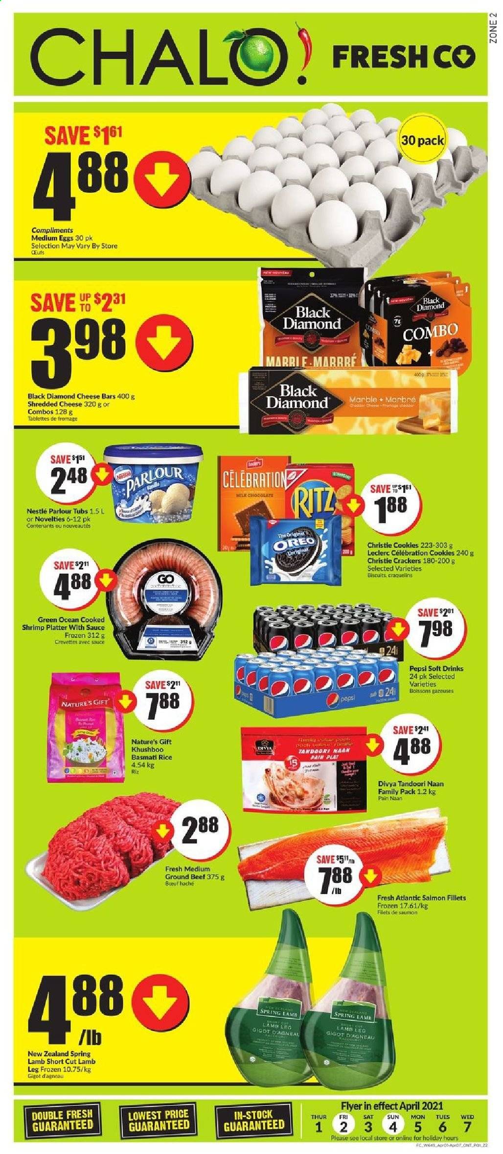 thumbnail - Chalo! FreshCo. Flyer - April 01, 2021 - April 07, 2021 - Sales products - salmon, salmon fillet, shrimps, shredded cheese, eggs, cookies, milk chocolate, chocolate, Celebration, crackers, biscuit, RITZ, basmati rice, rice, Pepsi, soft drink, beef meat, ground beef, lamb meat, lamb leg, Oreo, Nestlé. Page 1.