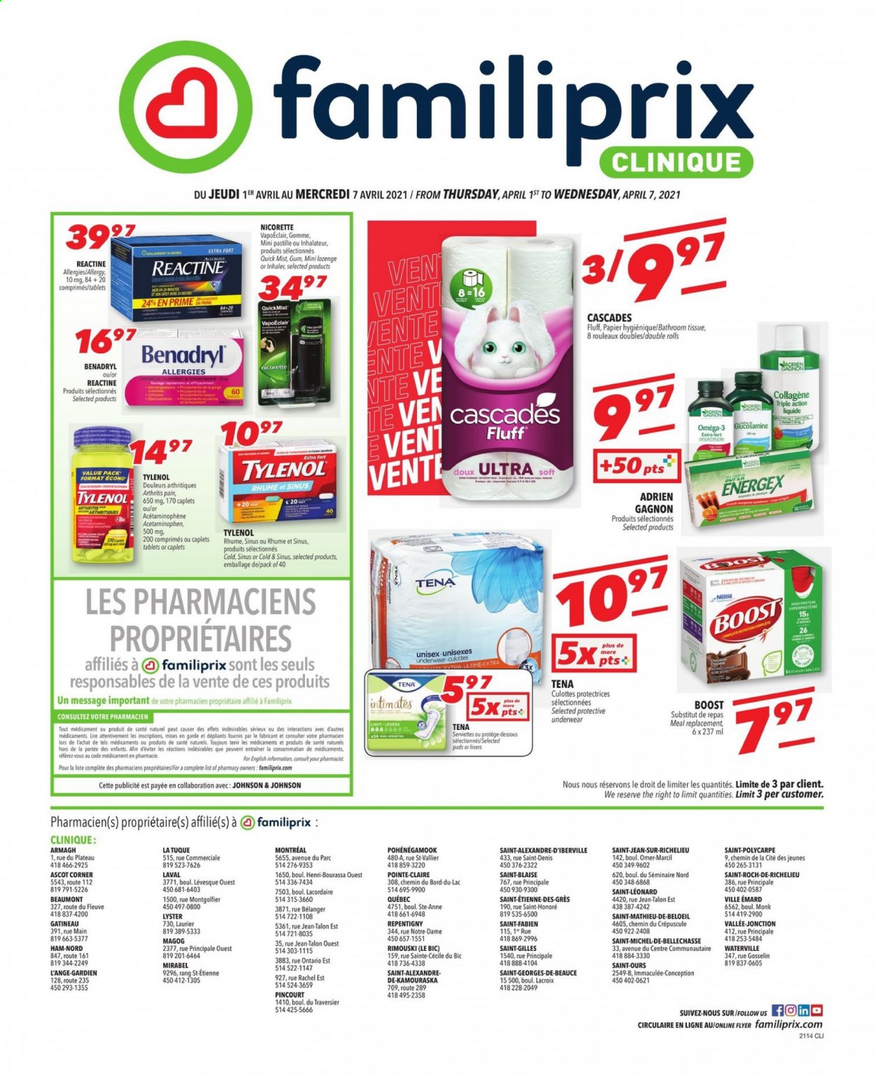 thumbnail - Familiprix Clinique Flyer - April 01, 2021 - April 07, 2021 - Sales products - Boost, Johnson's, bath tissue, sanitary pads, Clinique, BIC, glucosamine, Nicorette, Tylenol, Omega-3. Page 1.