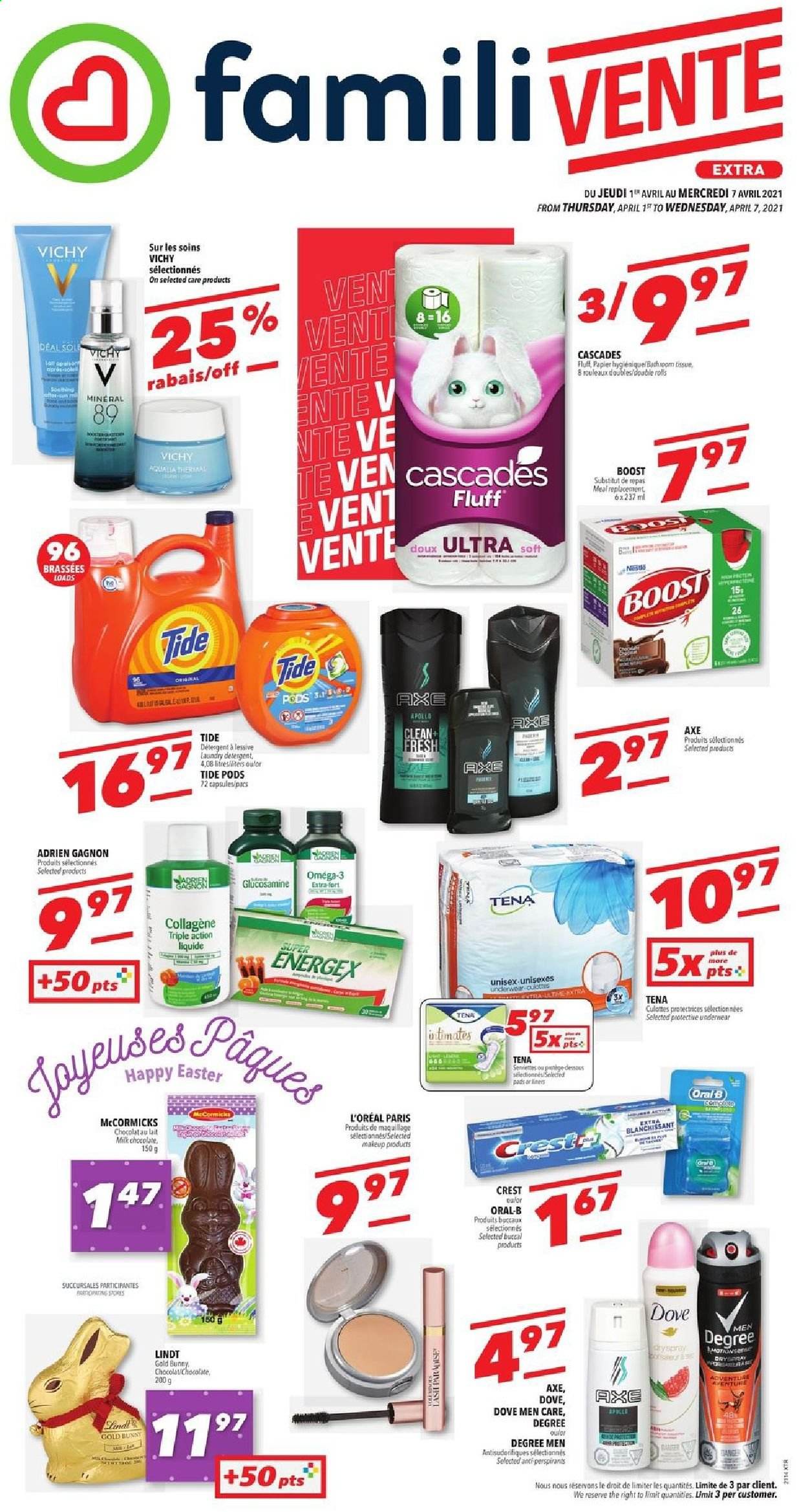 thumbnail - Familiprix Extra Flyer - April 01, 2021 - April 07, 2021 - Sales products - milk chocolate, chocolate, Boost, Tide, laundry detergent, Vichy, Crest, L’Oréal, makeup, glucosamine, Omega-3, Sol, Oral-B. Page 1.