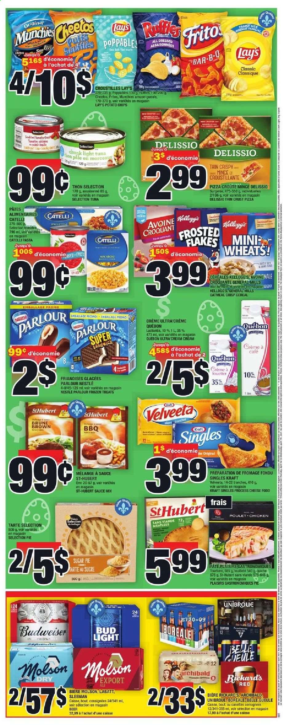 thumbnail - Super C Flyer - April 01, 2021 - April 07, 2021 - Sales products - pie, tuna, pizza, sandwich, macaroni, pasta, sauce, Kraft®, sandwich slices, Kraft Singles, quiche, Kellogg's, Fritos, potato chips, Cheetos, Lay’s, sugar, oatmeal, light tuna, cereals, Frosted Flakes, tea, beer, Budweiser, Bud Light, Nestlé. Page 2.