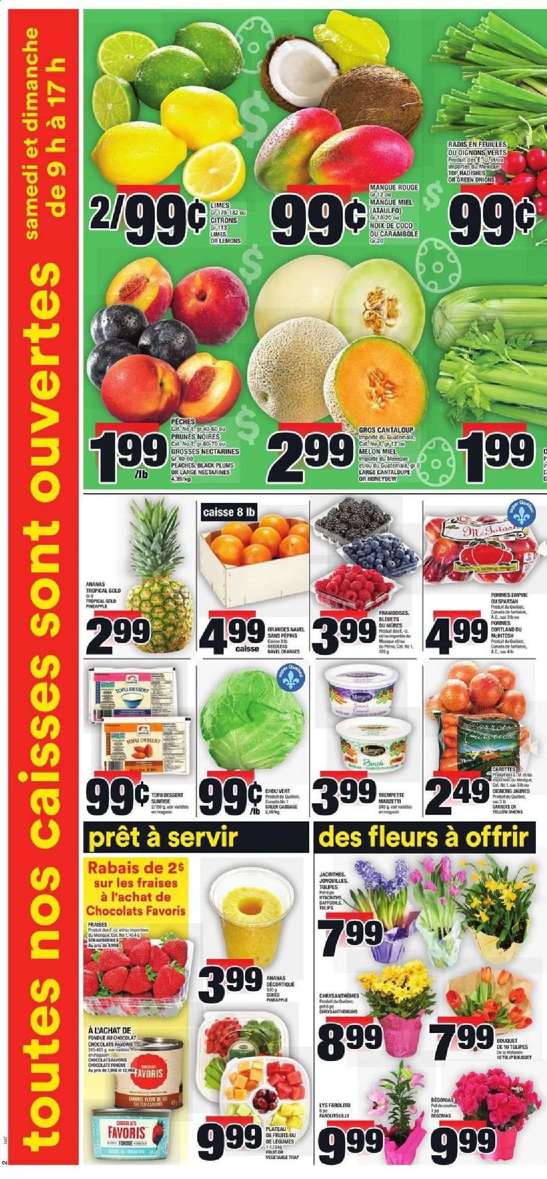 thumbnail - Super C Flyer - April 01, 2021 - April 07, 2021 - Sales products - cabbage, cantaloupe, carrots, radishes, green onion, limes, nectarines, strawberries, honeydew, pineapple, plums, melons, lemons, black plums, peaches, navel oranges, tofu, chocolate, caramel, prunes, dried fruit. Page 3.