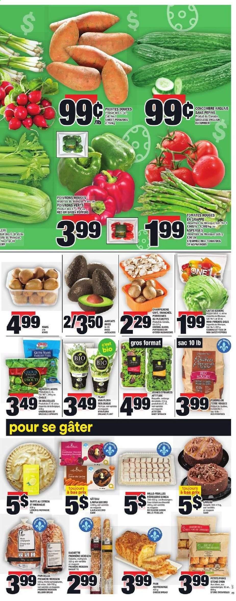 thumbnail - Super C Flyer - April 01, 2021 - April 07, 2021 - Sales products - bread, cake, asparagus, beans, green beans, sweet peppers, sweet potato, tomatoes, potatoes, peppers, brussel sprouts, red potatoes, avocado, oysters, cheese, Flora, kiwi. Page 4.