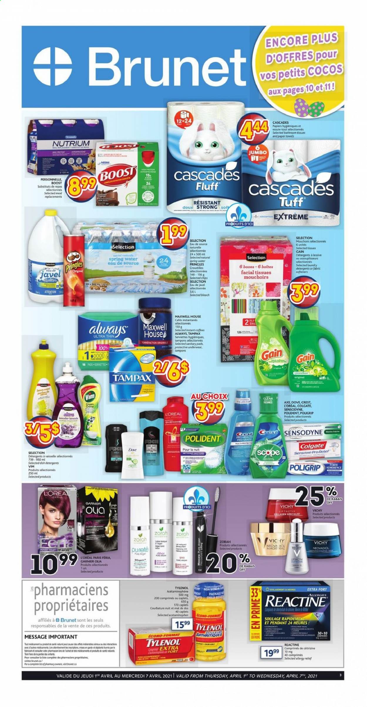 thumbnail - Brunet Flyer - April 01, 2021 - April 07, 2021 - Sales products - toilet paper, tissues, kitchen towels, paper towels, Gain, bleach, Vichy, Polident, Crest, sanitary pads, tampons, facial tissues, L’Oréal, Tylenol, allergy relief, Garnier, mascara, Tampax, Sensodyne. Page 1.