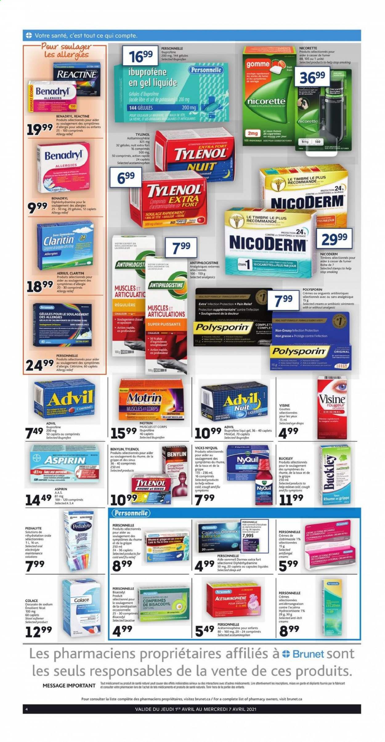 thumbnail - Brunet Flyer - April 01, 2021 - April 07, 2021 - Sales products - fabric softener, Vicks, pain relief, NicoDerm, Nicorette, Tylenol, Ibuprofen, NyQuil, eye drops, Advil Rapid, laxative, aspirin, Benylin, allergy relief, Motrin. Page 2.