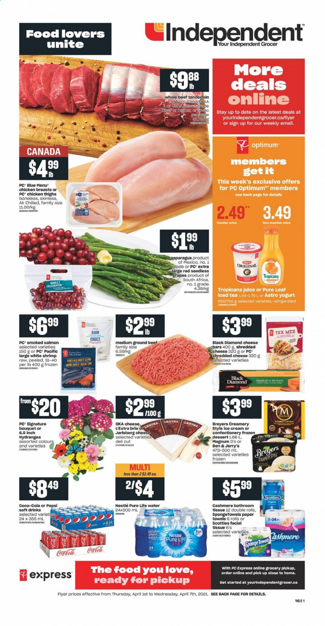 thumbnail - Independent Flyer - April 01, 2021 - April 07, 2021 - Sales products - asparagus, grapes, seedless grapes, salmon, smoked salmon, shrimps, shredded cheese, brie, yoghurt, Magnum, ice cream, Ben & Jerry's, Celebration, Coca-Cola, Pepsi, juice, ice tea, soft drink, spring water, Pure Life Water, Pure Leaf, chicken breasts, chicken thighs, chicken, beef meat, ground beef, beef tenderloin, bath tissue, kitchen towels, paper towels, sponge, Optimum, Nestlé. Page 1.