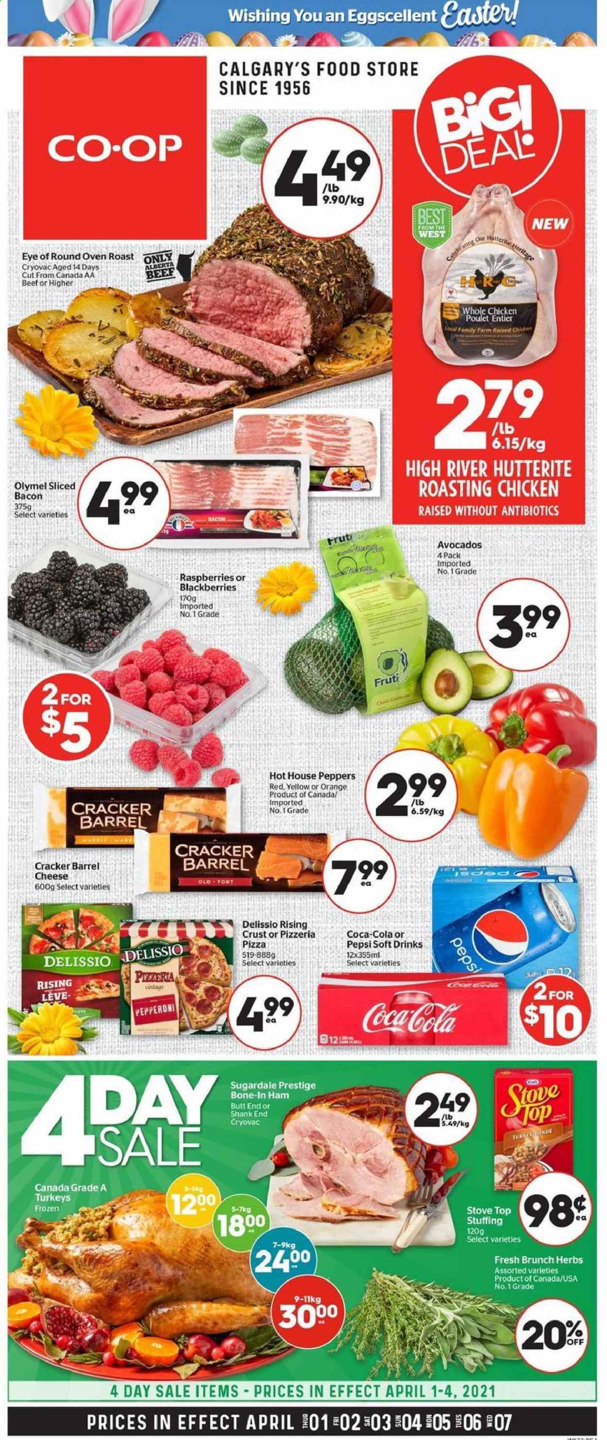 thumbnail - Calgary Co-op Flyer - April 01, 2021 - April 07, 2021 - Sales products - peppers, avocado, blackberries, pizza, chicken roast, Sugardale, bacon, ham, pepperoni, crackers, Coca-Cola, Pepsi, soft drink, whole chicken, chicken, eye of round. Page 1.