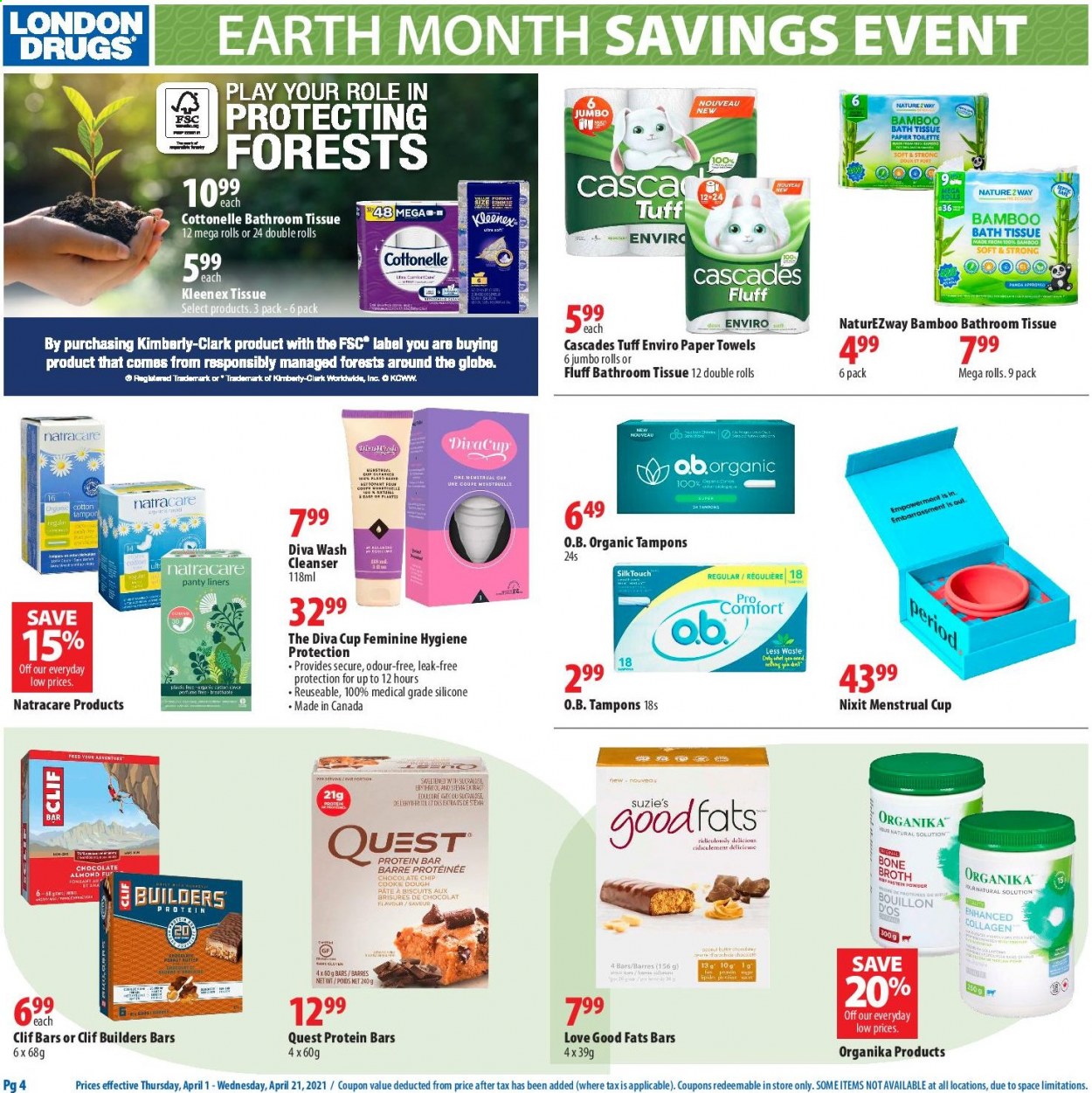 thumbnail - London Drugs Flyer - April 01, 2021 - April 21, 2021 - Sales products - biscuit, bouillon, broth, protein bar, bath tissue, Cottonelle, Kleenex, kitchen towels, paper towels, tampons, cleanser, cup, pin, panda. Page 4.