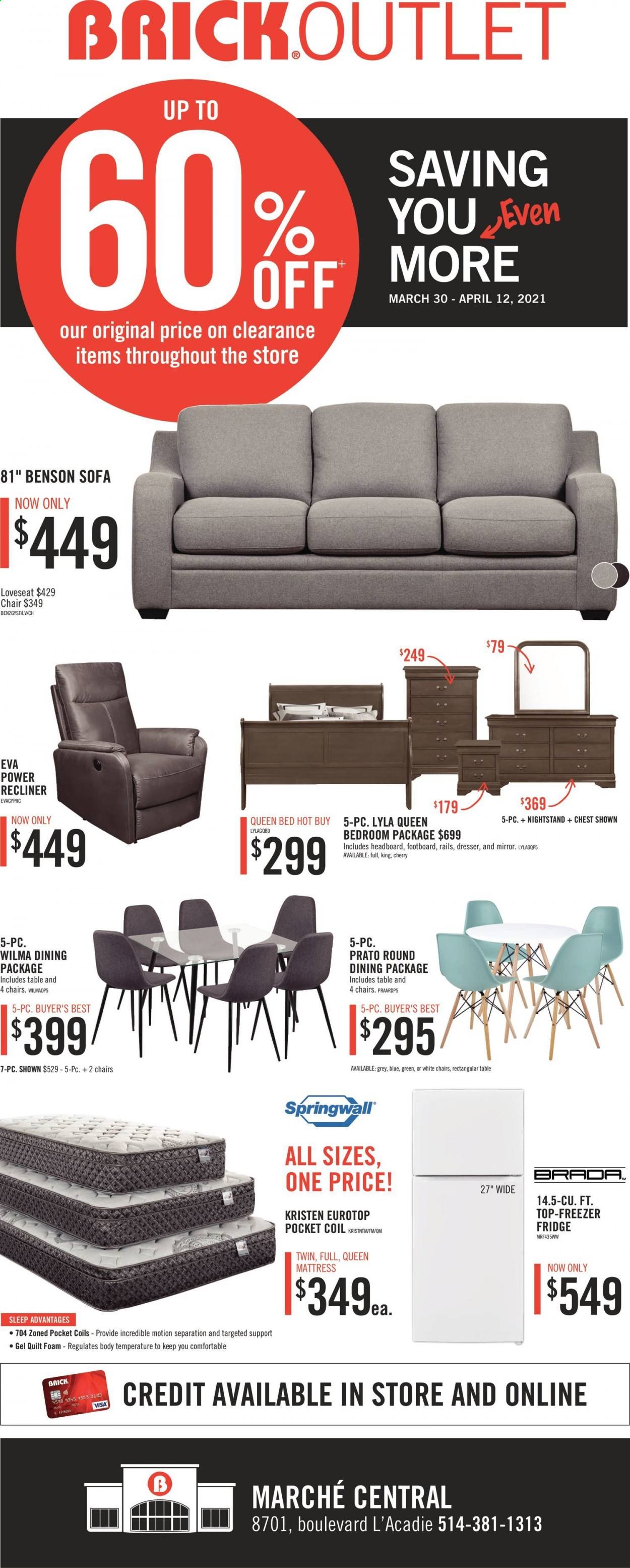 thumbnail - The Brick Flyer - March 30, 2021 - April 12, 2021 - Sales products - freezer, refrigerator, fridge, chair, loveseat, sofa, recliner chair, bed, queen bed, headboard, mattress, dresser, nightstand, mirror. Page 1.