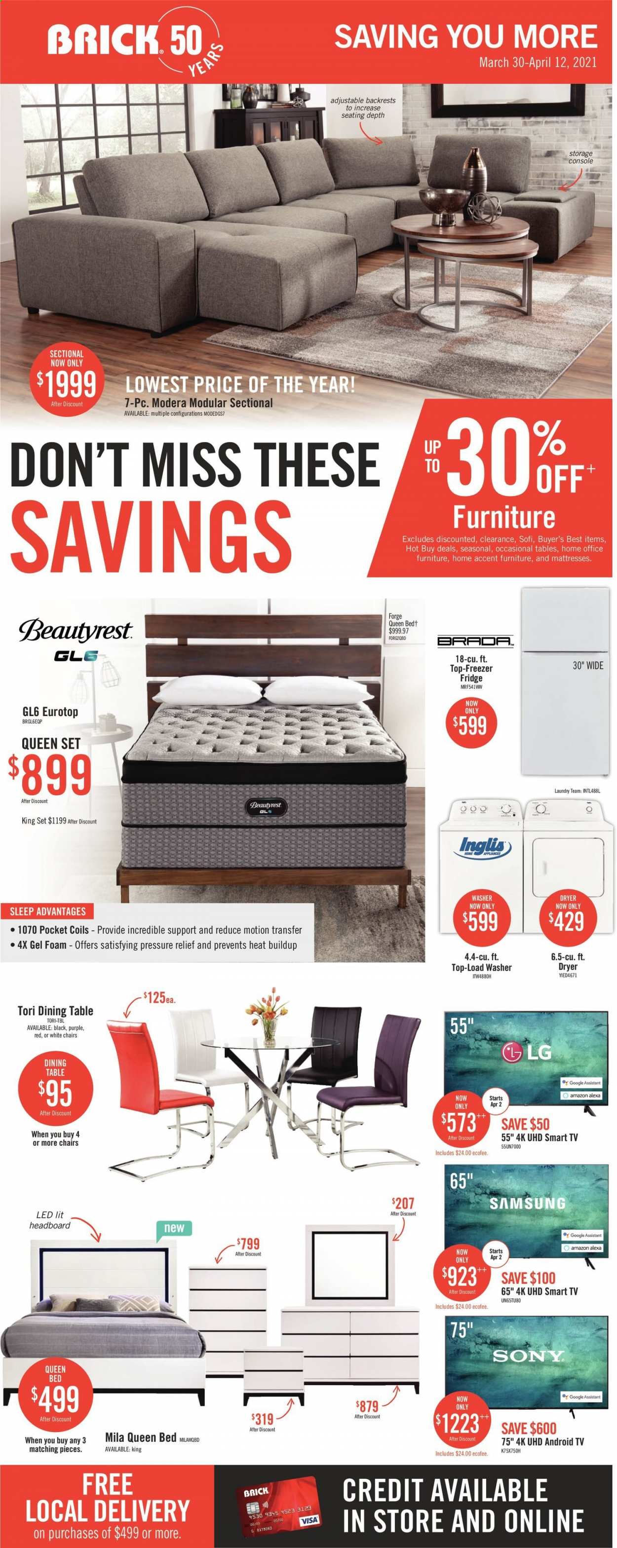 thumbnail - The Brick Flyer - March 30, 2021 - April 12, 2021 - Sales products - Samsung, freezer, refrigerator, fridge, washing machine, dining table, table, chair, bed, queen bed, headboard, mattress, LG, smart tv. Page 1.
