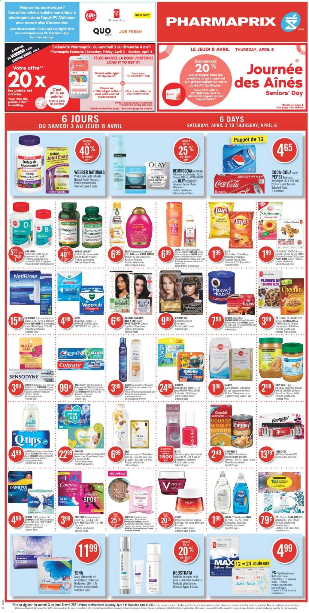 thumbnail - Pharmaprix Flyer - April 03, 2021 - April 08, 2021 - Sales products - Campbell's, soup, cookies, potato chips, Lay’s, sugar, icing sugar, cereals, Cheerios, granola bar, oil, peanut butter, dried fruit, Coca-Cola, Pepsi, Boost, Maxwell House, coffee, Folgers, pants, nappies, baby pants, bath tissue, Vichy, Vaseline, soap bar, soap, Crest, Playtex, Carefree, tampons, cleanser, L’Oréal, moisturizer, Olay, OGX, Root Touch-Up, hair color, keratin, Venus, nail enamel, cup, jar, battery, glucosamine, Nature's Bounty, Omega-3, VapoRub, nasal spray, Gillette, Neutrogena, raisins, Tampax, Pampers, chips, Sensodyne. Page 1.