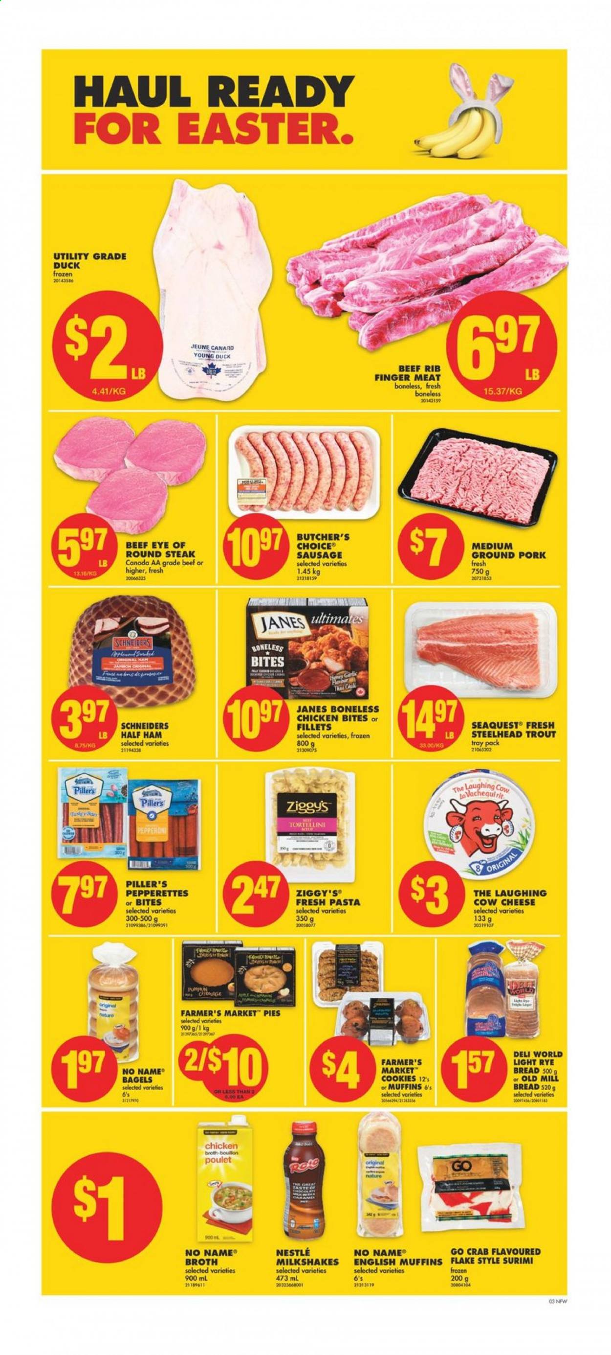 thumbnail - No Frills Flyer - April 01, 2021 - April 08, 2021 - Sales products - bagels, bread, english muffins, garlic, trout, crab, No Name, tortellini, half ham, ham, sausage, pepperoni, cheese, The Laughing Cow, chicken bites, cookies, bouillon, chicken broth, broth, beef meat, eye of round, round steak, ground pork, Nestlé, steak. Page 4.