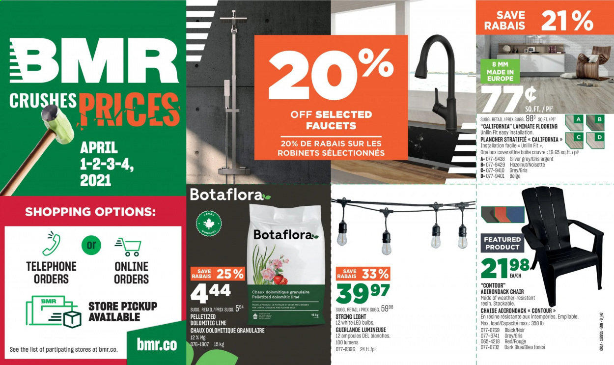 thumbnail - BMR Flyer - April 01, 2021 - April 04, 2021 - Sales products - chair, string lights, flooring, laminate floor. Page 1.