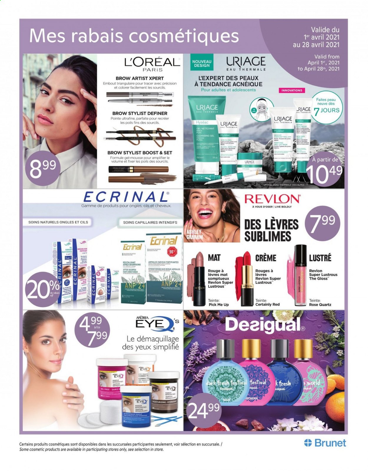 thumbnail - Brunet Flyer - April 01, 2021 - April 28, 2021 - Sales products - tampons, L’Oréal, serum, peel-off mask, conditioner, Revlon, makeup remover, mascara, shampoo. Page 1.
