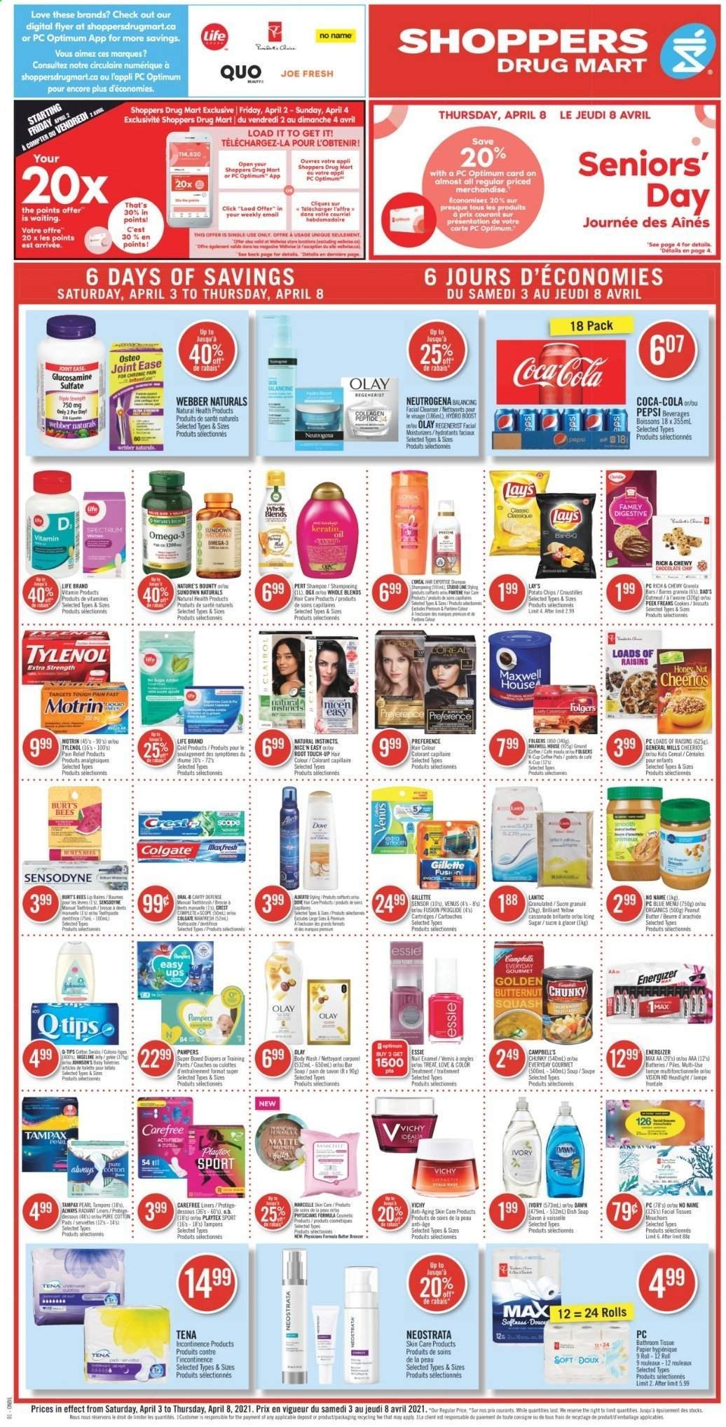 thumbnail - Shoppers Drug Mart Flyer - April 03, 2021 - April 08, 2021 - Sales products - cookies, potato chips, Lay’s, sugar, peas, soup, cereals, Cheerios, Campbell's, oil, dried fruit, Coca-Cola, Pepsi, Boost, Maxwell House, Folgers, pants, nappies, baby pants, bath tissue, body wash, Vichy, Vaseline, soap bar, soap, toothpaste, Crest, Playtex, Carefree, tampons, cleanser, facial tissues, L’Oréal, moisturizer, Olay, Root Touch-Up, hair color, keratin, Venus, nail enamel, bronzing powder, pain relief, glucosamine, Nature's Bounty, Sundown Naturals, Tylenol, Omega-3, Spectrum, Motrin, Gillette, granola, Neutrogena, raisins, shampoo, Tampax, Pampers, chips, Sensodyne. Page 1.