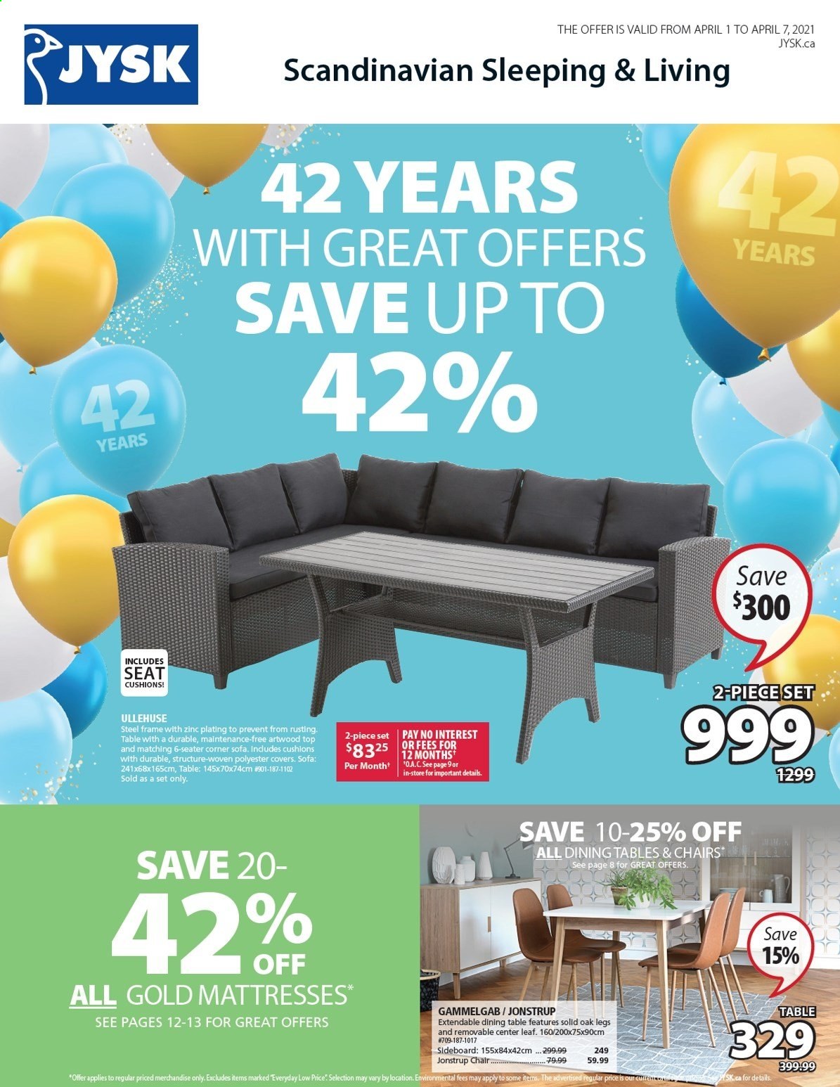 thumbnail - JYSK Flyer - April 01, 2021 - April 07, 2021 - Sales products - cushion, dining table, table, chair, corner sofa, sofa, sideboard, mattress. Page 1.