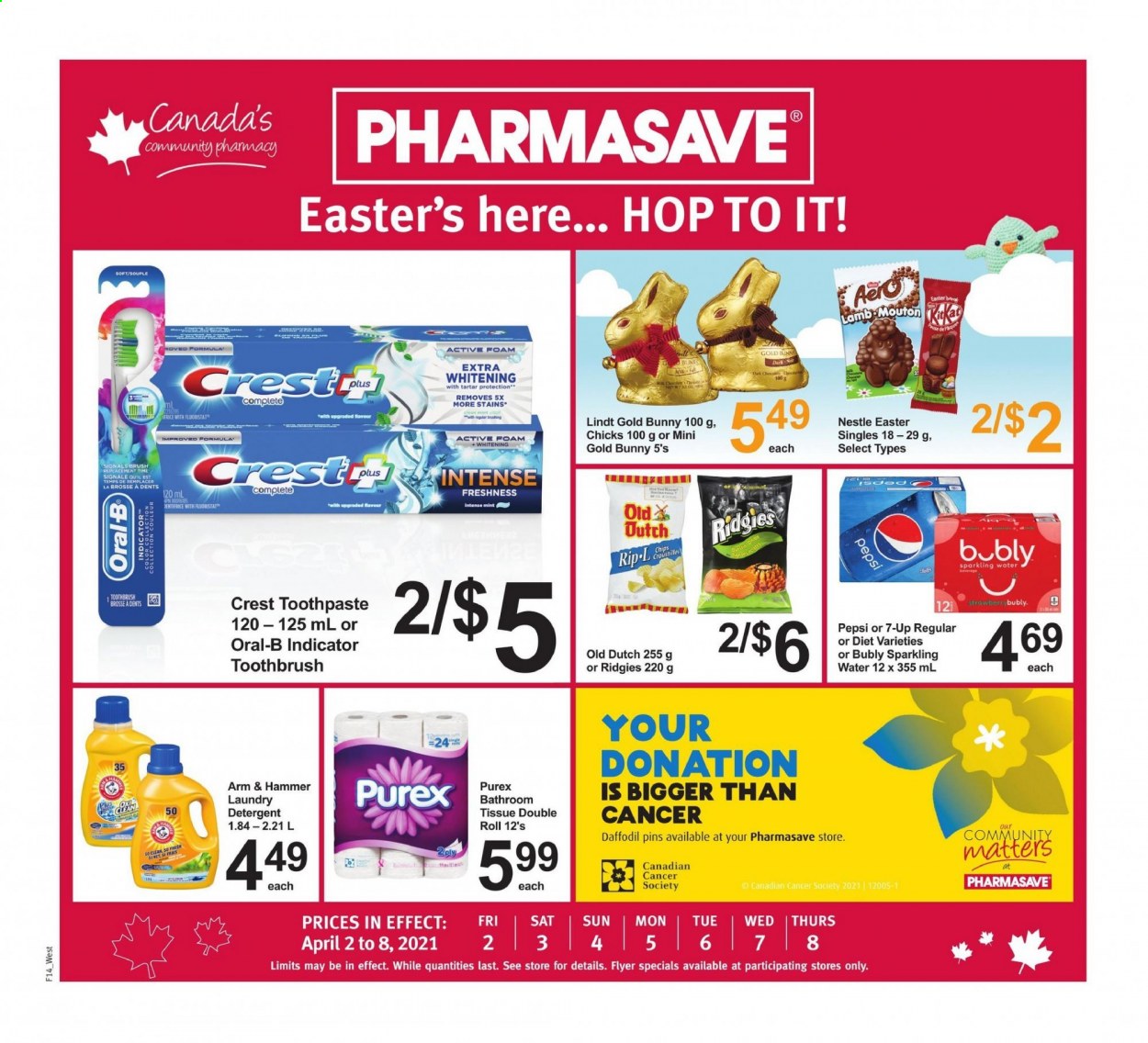 thumbnail - Pharmasave Flyer - April 02, 2021 - April 08, 2021 - Sales products - KitKat, ARM & HAMMER, Pepsi, 7UP, sparkling water, bath tissue, laundry detergent, Purex, toothbrush, toothpaste, Crest, pin, Nestlé, Oral-B, chips. Page 1.