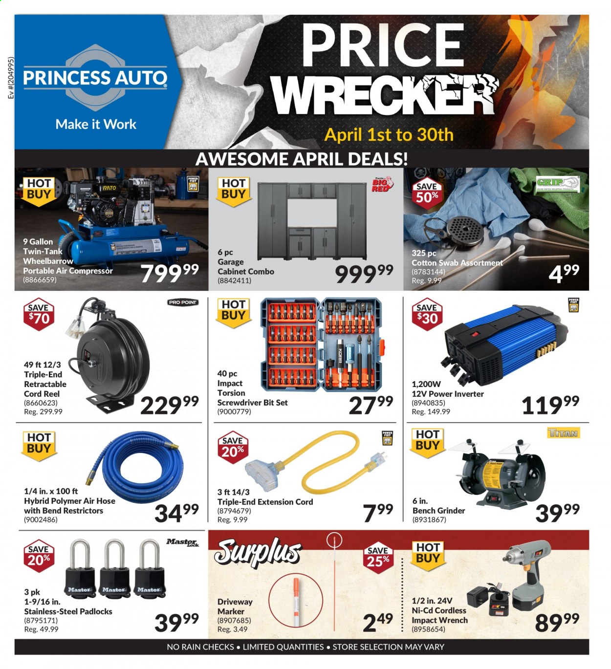 thumbnail - Princess Auto Flyer - April 01, 2021 - April 30, 2021 - Sales products - wrench, screwdriver bits, wheelbarrow, cabinet, extension cord, air hose, power inverter, air compressor, tank. Page 1.