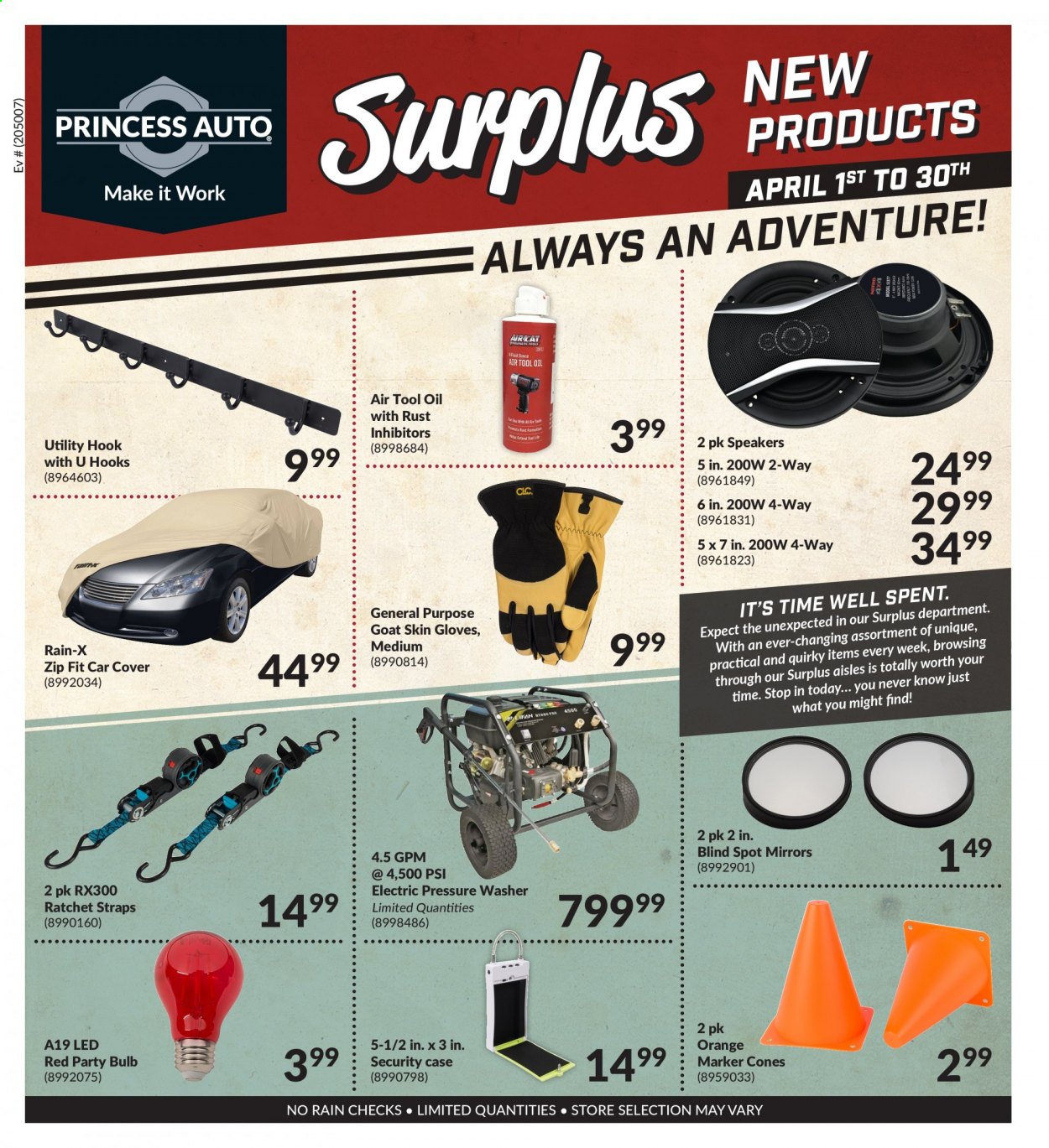 thumbnail - Princess Auto Flyer - April 01, 2021 - April 30, 2021 - Sales products - gloves, electric pressure washer, pressure washer, car cover, Rain-X, hook. Page 1.