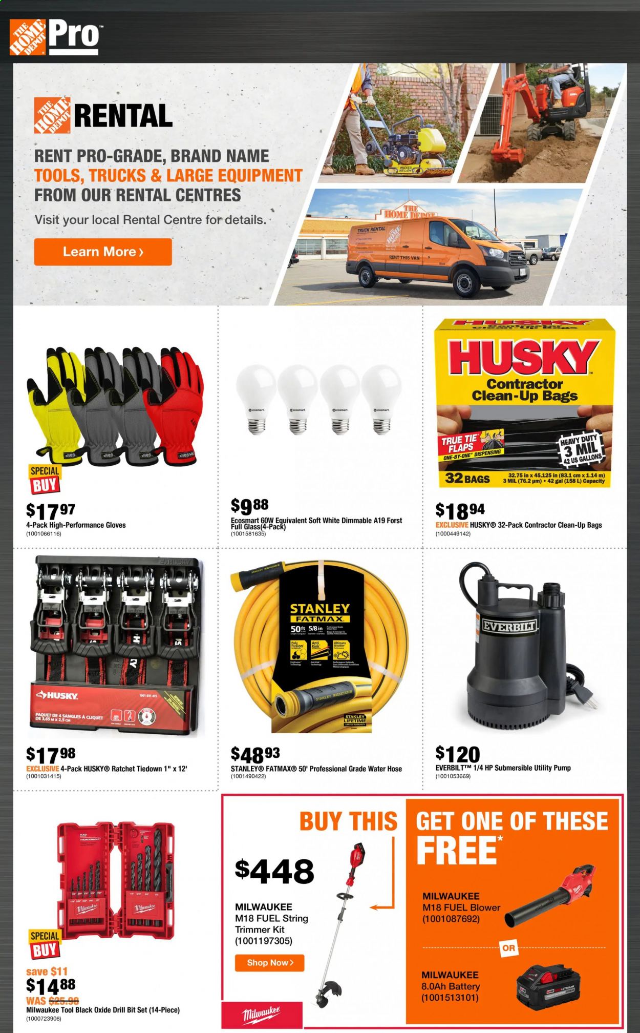 thumbnail - The Home Depot Flyer - April 01, 2021 - April 14, 2021 - Sales products - gloves, bag, battery, Stanley, Milwaukee, drill bit set, string trimmer, blower, work gloves, pump, garden hose. Page 3.