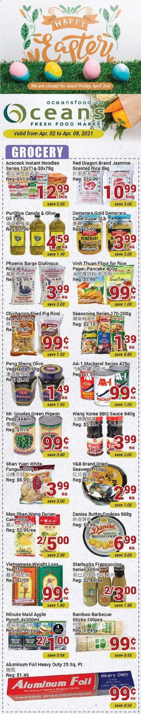 thumbnail - Oceans Flyer - April 02, 2021 - April 08, 2021 - Sales products - cake, peas, mackerel, instant noodles, sauce, pancakes, noodles, cookies, butter cookies, snack, cane sugar, demerara sugar, flour, sugar, seaweed, rice, toor dal, spice, BBQ sauce, olive oil, fruit punch, tea, Starbucks, frappuccino, bag. Page 1.